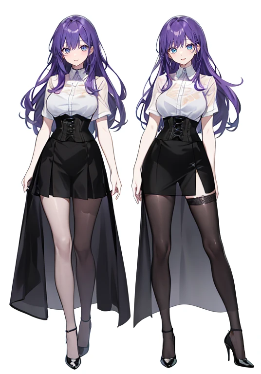 Purple Hair,voluminous long hair,Adult female,(suit),See-through shirt,See-through tops,((Roll up your sleeves)),(corset),(Tight Skirt),(High heels),Heels are visible,((Simple Background)),smile,((whole body)),((whole body)),Character Sheet,