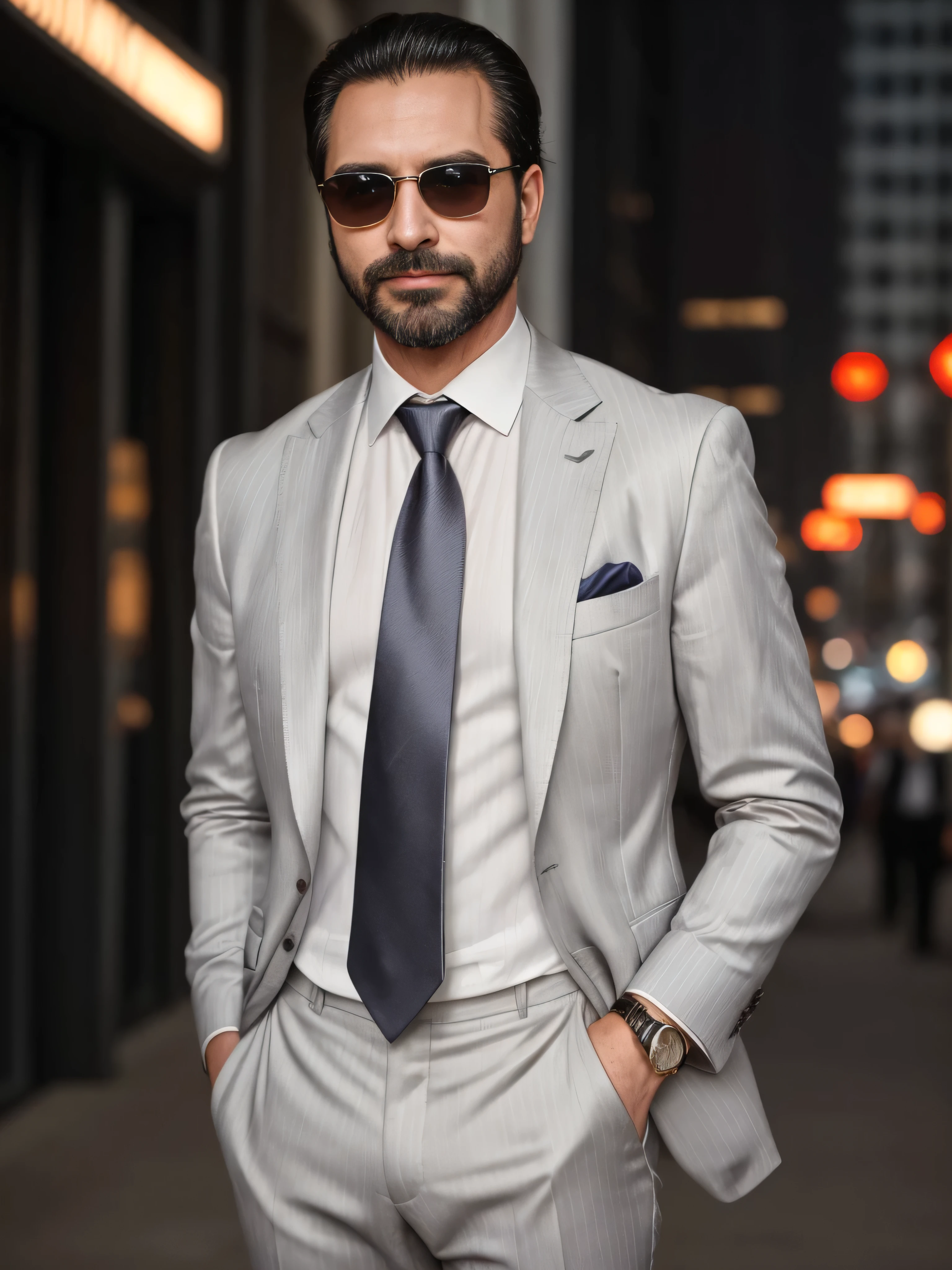 Create a medium shot image of a 38-year-old man with a well-groomed beard and stylish sunglasses. He is dressed in very elegant clothing, reflecting the pinnacle of high fashion. He wears a perfectly tailored charcoal gray suit with a subtle pinstripe pattern, paired with a crisp white dress shirt and a silk burgundy tie. His accessories include a silver tie clip, a luxury wristwatch, and a white pocket square neatly folded in his breast pocket. The man stands confidently with a slight smirk, exuding charisma and sophistication. The background is an elegant urban setting with blurred city lights, highlighting his stylish attire and poised demeanor