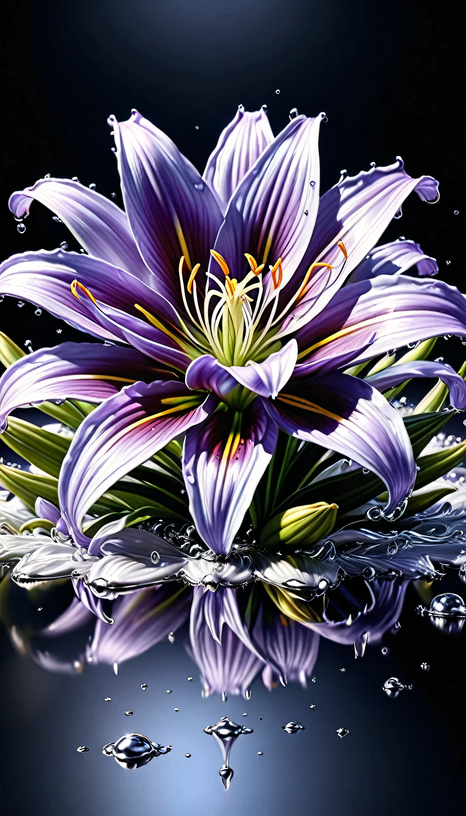 (liquid metal art: 1.5) LIQUID METAL a picture of a lily flower ( (masterpiece, best detailed, best quality: 1.4), (blue: 1.5) petals,  there is (purple: 1.3) butterfly flying near the lily  dynamic range, ultra wide shot, photorealism, depth of field, hyper realistic,dynamic range, ultra wide shot, photorealism, depth of field, hyper realistic,