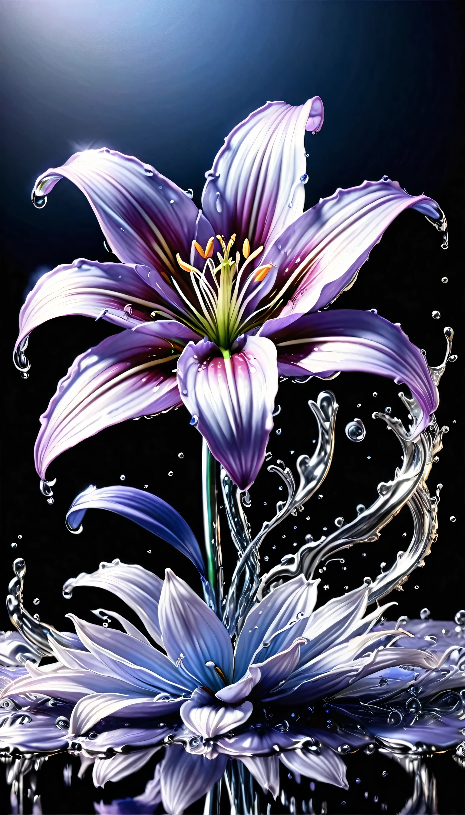 (liquid metal art: 1.5) LIQUID METAL a picture of a lily flower ( (masterpiece, best detailed, best quality: 1.4), (blue: 1.5) petals,  there is (purple: 1.3) butterfly flying near the lily  dynamic range, ultra wide shot, photorealism, depth of field, hyper realistic,dynamic range, ultra wide shot, photorealism, depth of field, hyper realistic,