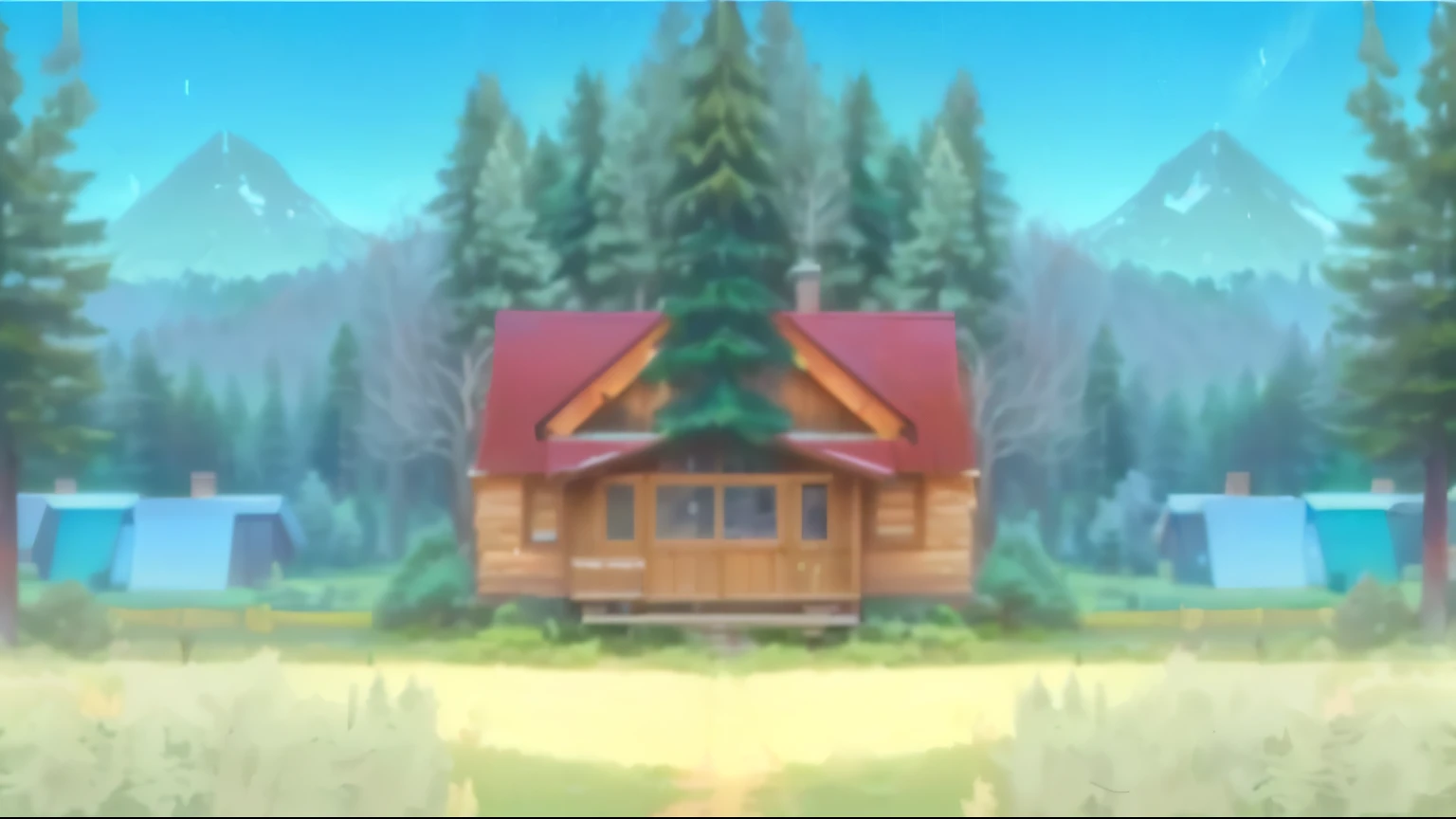 there is a small cabin in the middle of a field with trees, yuru camp, anime yuru camp, forest setting, house background, town center background, sticker of a home in the forest, in a scenic background, forest in the background, distant village background, forest in background, wood cabin in distance, town background, house in forest, volley court background