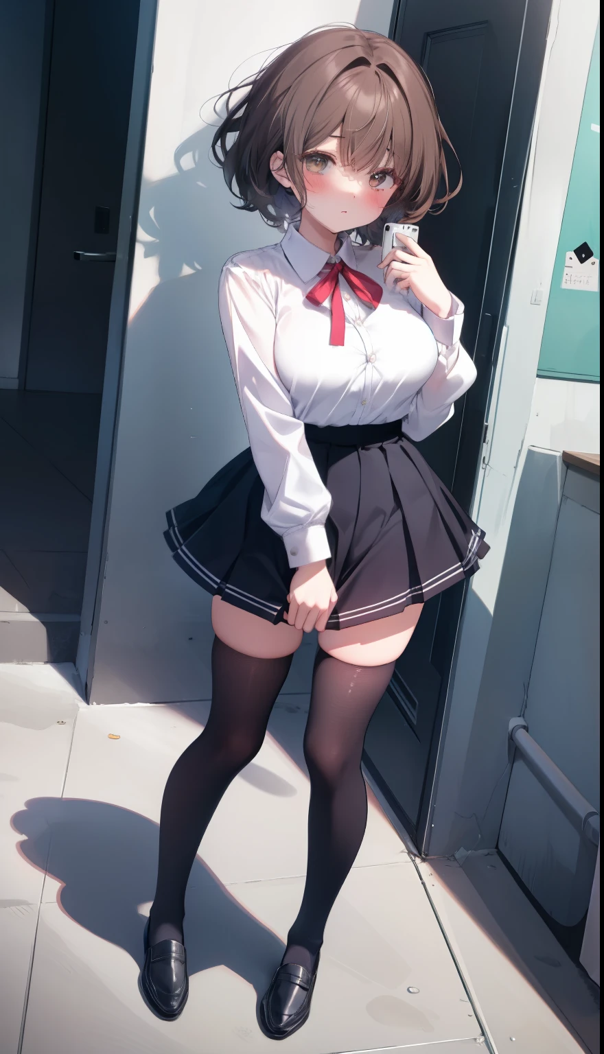 ((Correct Anatomy)),(Detailed image quality),(Female )、((school uniform))、((Sailor suit))、(Mini Pleated Skirt),(((Black Stockings))),((School Uniform)),((standing)),Ultra-high resolution,Mature Woman, Mature Woman, Very detailed,Sunburned skin,Brown Skin,((Beautiful legs)), (Big Breasts),((Beautiful feet)),Perfect hands, Detailed fingers, Beautiful details, ((Long, long hair)),((Twin tails)),Black Choker, Earrings,loafers,Perfect Eyes, Captivating eyes,(School stairs)