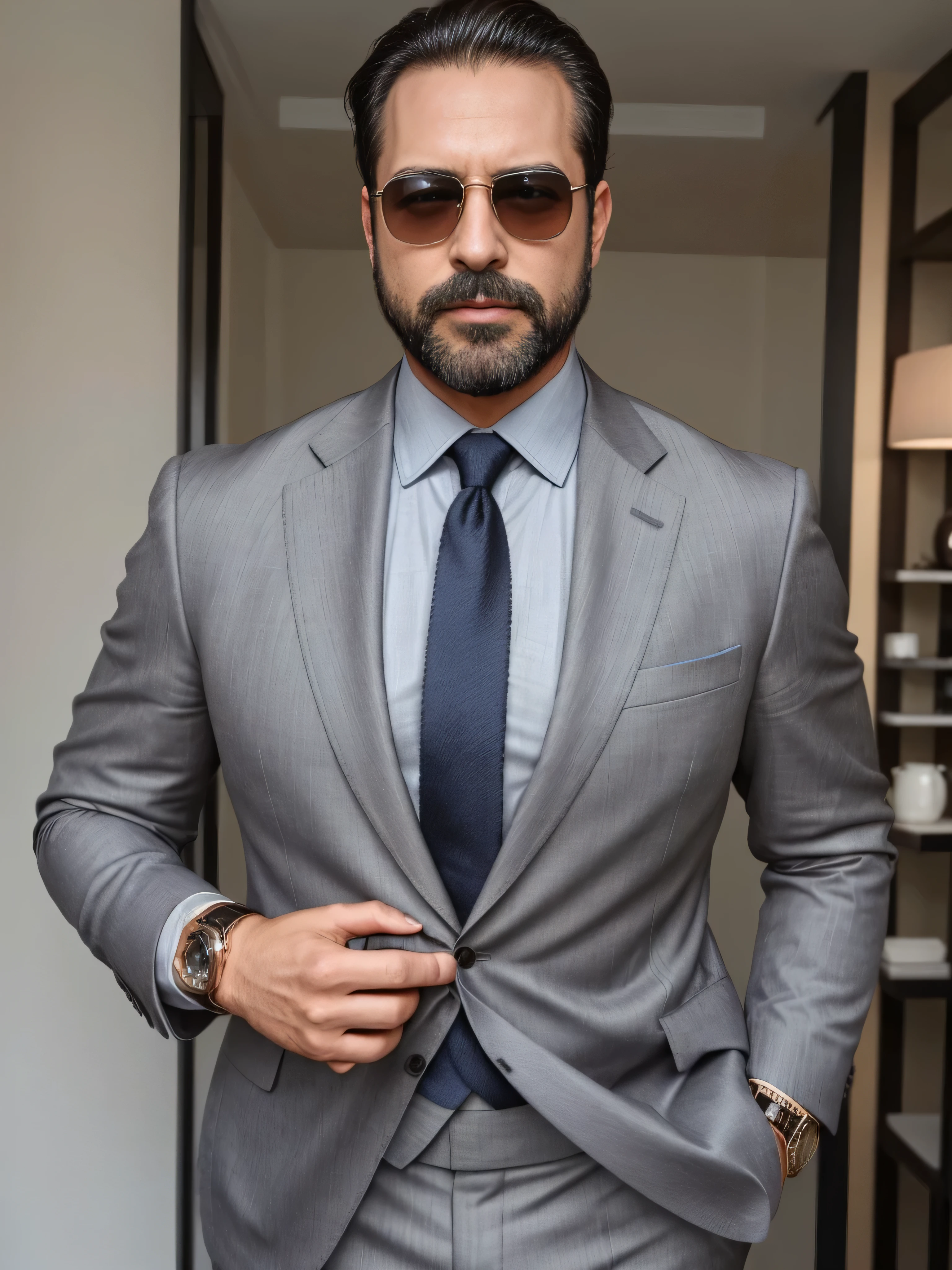 Create a stylish and elegant image of a 38-year-old man with light brown skin. He has a well-groomed beard and is wearing fashionable sunglasses. The man is dressed in very elegant clothing, including a tailored charcoal grey suit jacket, a light blue dress shirt, and a patterned silk tie. He is also wearing a matching pocket square and a sleek wristwatch. The image focuses on his upper body in a medium shot. The background should feature a luxurious and modern urban setting, perhaps with elements like a high-end café or boutique storefront, emphasizing a sense of sophistication and high fashion