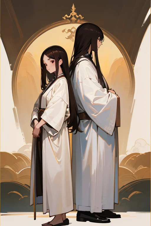 name: "Together on the way"
material: oil on canvas Size: 60x80 cm Idea: The painting depicts a beautiful Asian woman with long straight dark brown hair, dressed in a white robe and comfortable regular clothes, standing next to her boyfriend. The guy is a dark, short-haired brunette, also in light clothing, looks like an assassin's outfit. They look at each other with love and understanding, together on the way somewhere important, representing unity and support in relationships. The background can be made in soft, calm tones, to focus on the main characters.