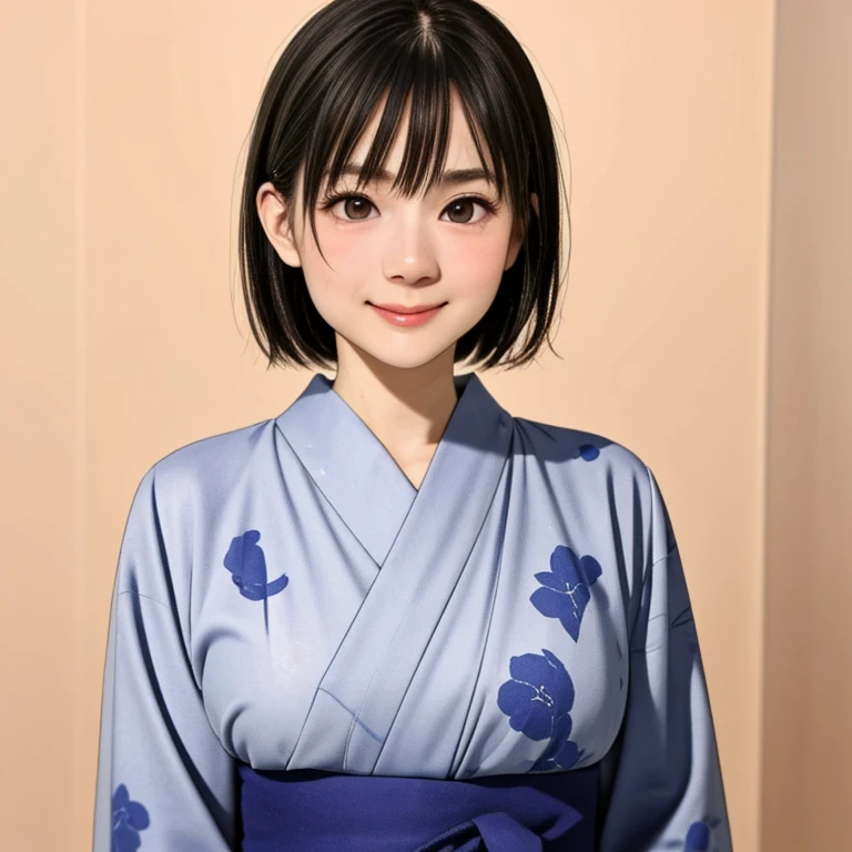 (kawaii 24 year-old Japanese girl, Nogizaka idol, Korean idol), glossy brown hair, (very short hair:1.2), beautiful black eyes, rounded face, narrow shoulders, single eyelid, (no makeup:1.2), (shy, smile, noseblush:1.3), (yukata, Japanese traditional clothes), extra small breasts, BREAK, (simple white background:1.2), (view from forward, bust shot, id photo:1.2), BREAK, (masterpiece, best quality, photo realistic, official art:1.4), (UHD, 8K quality wallpaper, high resolution, raw photo, golden ratio:1.3), (shiny skin), professional lighting, physically based rendering, award winning, (highly detailed skin texture, extremely detailed face and eyes textures), Carl Zeiss 85 mm F/1.4, depth of field, (1girl, solo),