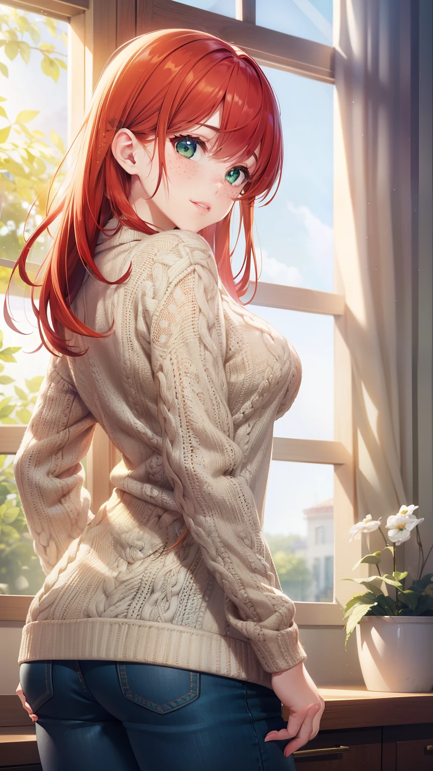 1 Woman Standing, /(Oversized sweater/) V-neck, Immature women, break、(((big red ribbon hair ornament, Red hair ornament、Large hair ornament))),break、/(Brown Hair/) bangs, blush, (Masterpiece of the highest quality:1.2) Delicate illustrations, super detailed, Pantyhose tearing /(Modern house living room/) indoor, (((Sexy pose))), (((small))), (((Thigh Gap)))