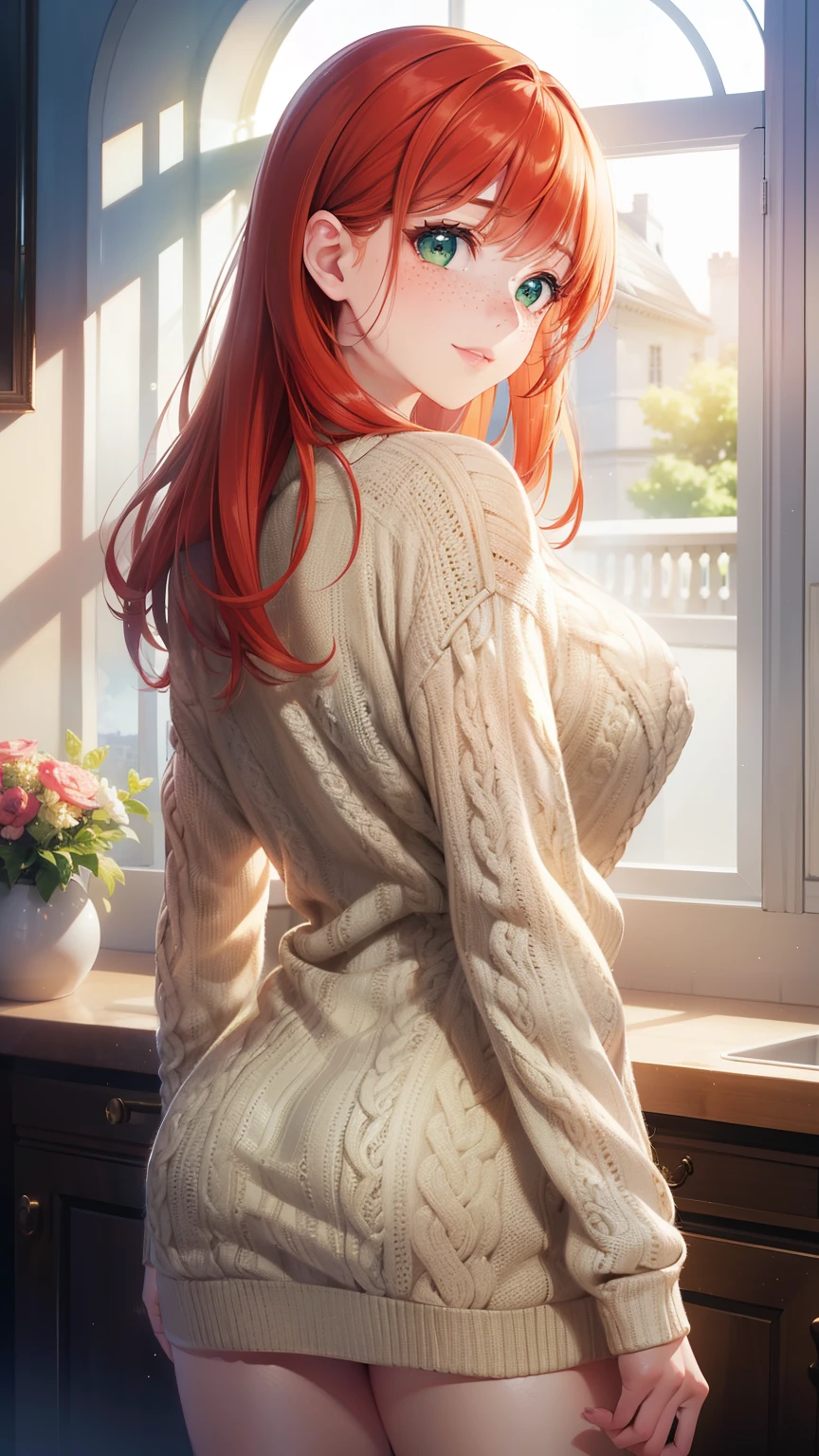 1girls, natural lighting, masterpiece, highly detailed, illustration, game CG, absurdres, high quality, beautiful detailed eyes, glossy lips, natural lighting, medium breasts, redhead, bangs, green eyes, freckles, looking back at viewer, light smile, standing, indoors, knit sweater, from behind