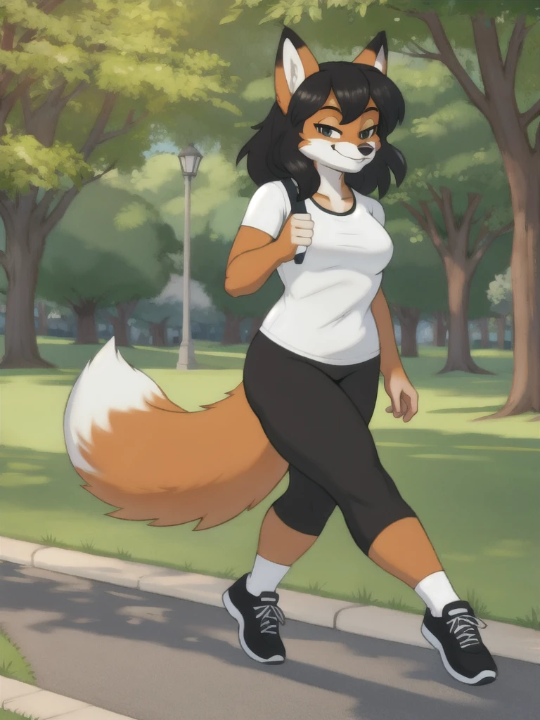 Furry, fox, smile, black leggings, white shirt, jogging, solo, park