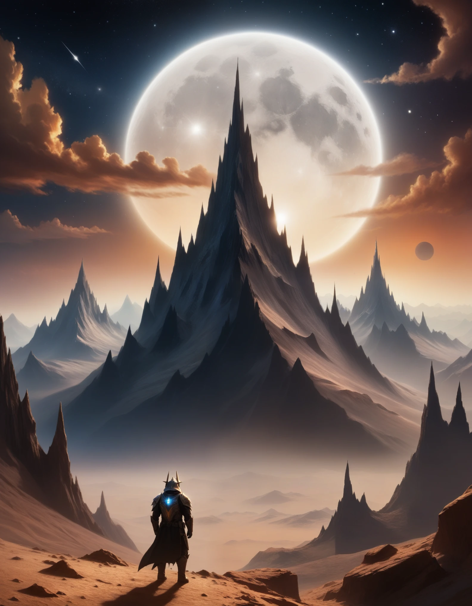 A surreal moonscape, where jagged peaks rise from a barren expanse of dust, and strange, otherworldly creatures prowl beneath a sky ablaze with stars." 
masterpiece, absurdres, highres, insane quality