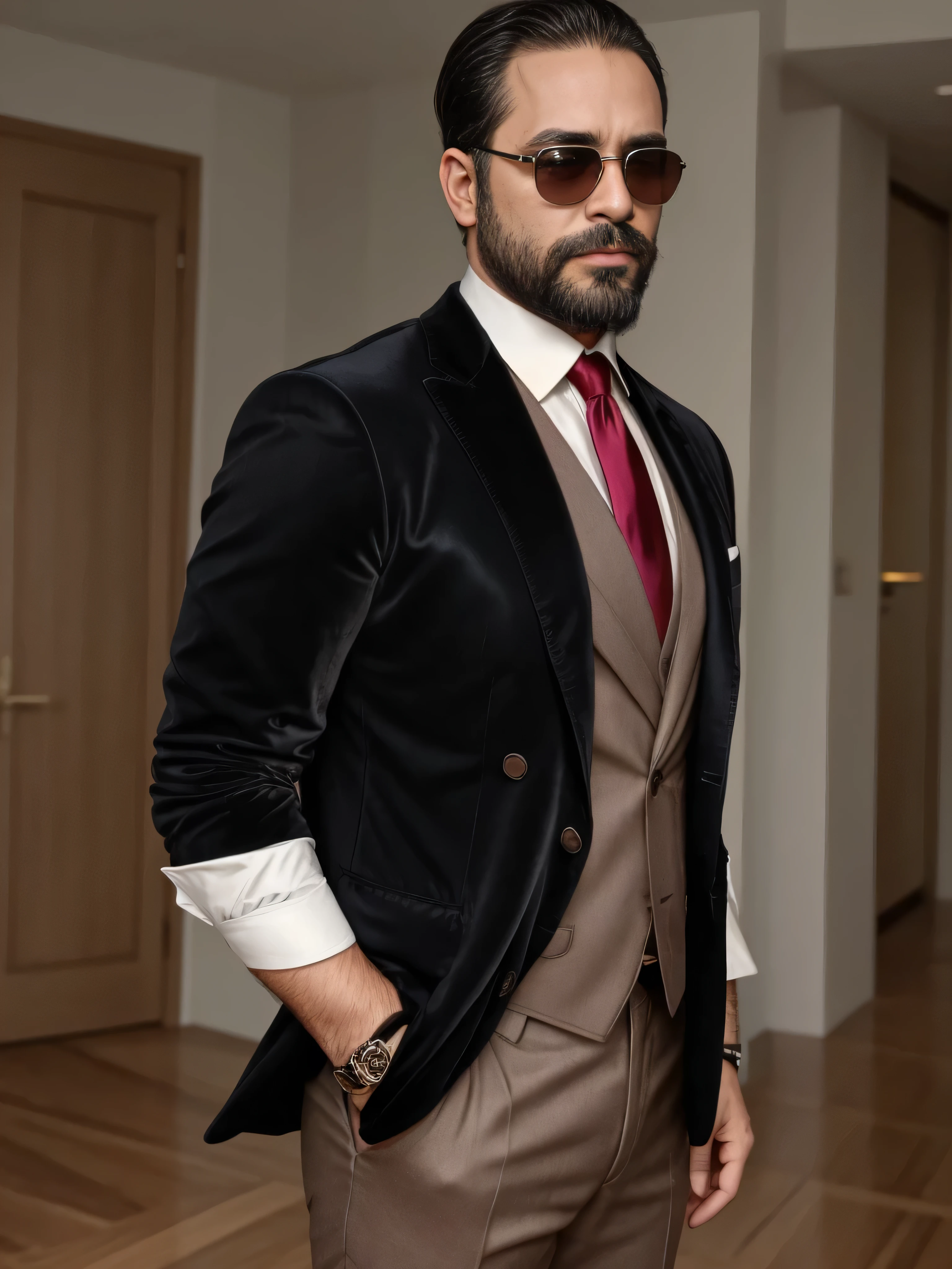 Create a sophisticated and fashionable image of a 38-year-old man with light brown skin. He has a neatly trimmed beard and is wearing stylish sunglasses. The man is dressed in very elegant clothing, featuring a tailored black velvet blazer, a crisp white dress shirt with a subtle pattern, and a dark red silk tie. He also has a matching pocket square and a luxurious wristwatch. The focus is on his upper body in a medium shot. The background should depict a chic urban environment, such as a high-end restaurant or an upscale hotel lobby, with warm lighting and modern decor, conveying a sense of luxury and refined style