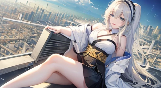Official Art, masterpiece, Be focused, (beautiful, Beautiful and cute Korean woman:1.3), (Beautiful and cute Korean:1.3), Korean beauty, 精致beautiful头发、Eyes and face, Practical, Super detailed, beautiful女孩, Blue sky, Glowing white particles, (Side Light:1.2), Sunlight, White Cloud, Detailed clouds, Slim, Such a cute big ass, Smile with teeth bared, ((Smile with your eyes, Open your eyes)), landscape, Long and straight hair, sexy facial expression, architecture, (city View:1.7), Dynamic Hair, very Long and straight hair, Delicate platinum-blonde hair, Green Eyes, Black skirt, , Pale skin, Hair accessories, epic landscape,,White high heels,Nice ass,beautiful buttocks,There'There's nothing under the skirt..,weight loss