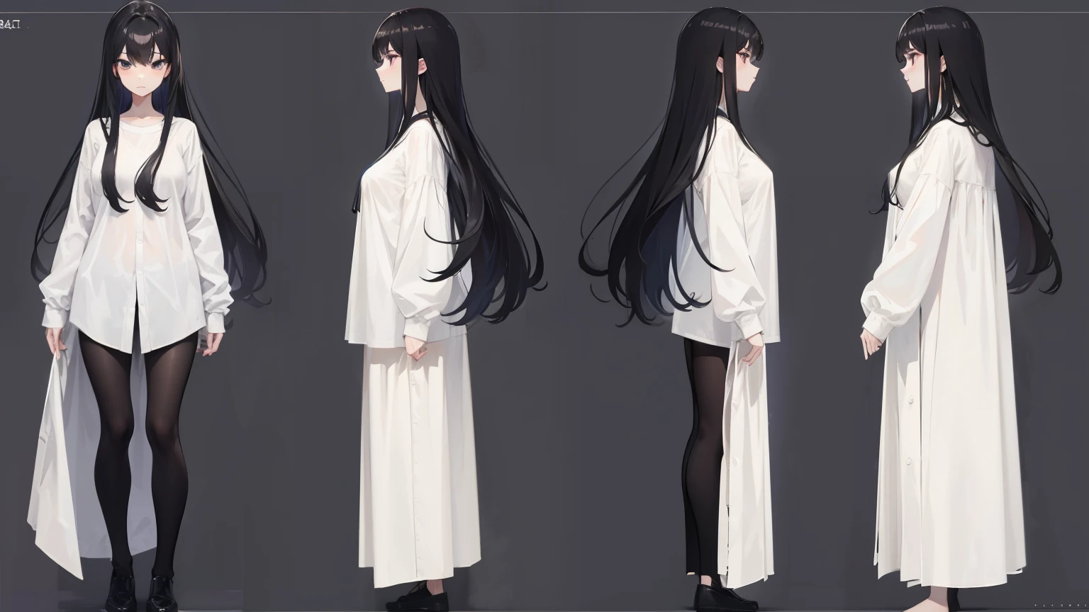 masterpiece, highest quality)), Detailed face, Character Sheets, whole body, Full of details, Various poses and expressions, Front view,Side view,Rear view, Character Sheet,Very detailed, depth, Many parts,black hair girl,Thin body type,My hair is messy,Long Hair,Small face,Emaciated,White oversized shirt long sleeve,shabby,free fall hair long,Face is dark,Emaciated,Extremely small breasts