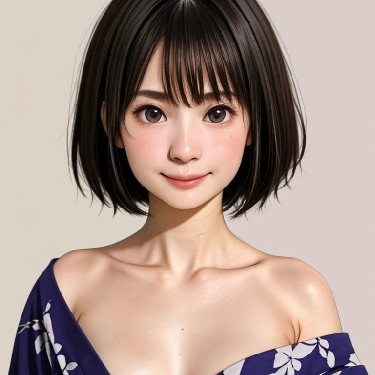 (kawaii 24 year-old Japanese girl, Nogizaka idol, Korean idol), glossy brown hair, (very short hair:1.2), beautiful black eyes, rounded face, narrow shoulders, single eyelid, (no makeup:1.2), (shy, smile, noseblush:1.3), (yukata, Japanese traditional clothes), extra small breasts, BREAK, (simple white background:1.2), (view from forward, bust shot, id photo:1.2), BREAK, (masterpiece, best quality, photo realistic, official art:1.4), (UHD, 8K quality wallpaper, high resolution, raw photo, golden ratio:1.3), (shiny skin), professional lighting, physically based rendering, award winning, (highly detailed skin texture, extremely detailed face and eyes textures), Carl Zeiss 85 mm F/1.4, depth of field, (1girl, solo),