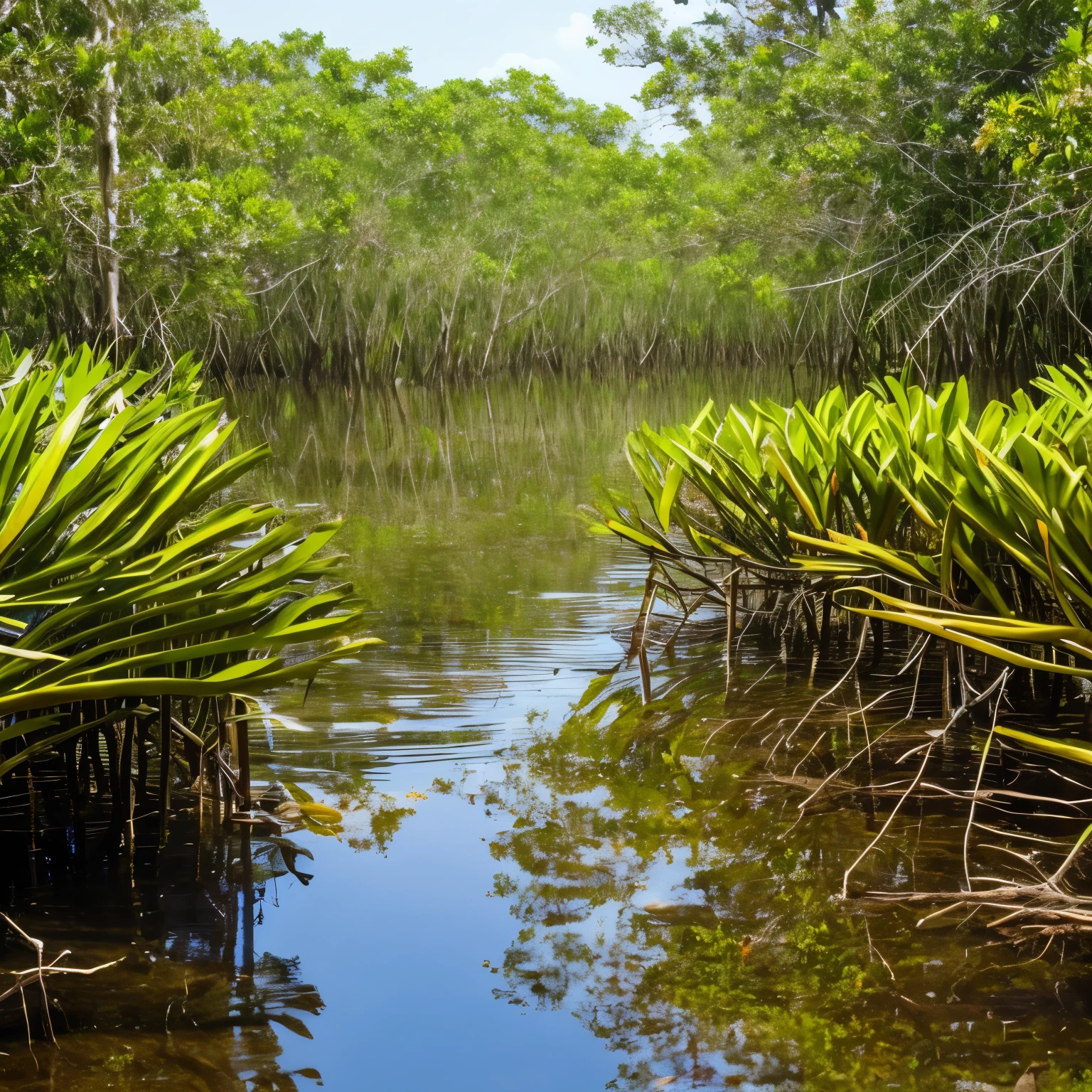 Mangrove swamps on the edge of a tropical shore.