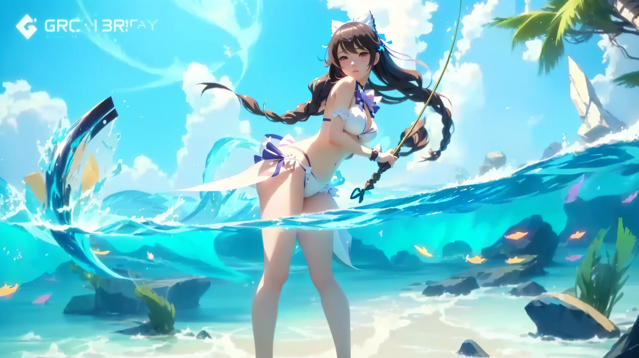 arafy anime girl in a bikini with a bow and a bow, anime girl walking on water, 2. 5 d cgi anime fantasy artwork, trending on cgstation, anime fantasy artwork, ahri, anime fantasy illustration, pixiv 3dcg, pixiv trending, pixiv contest winner, artwork in the style of guweiz