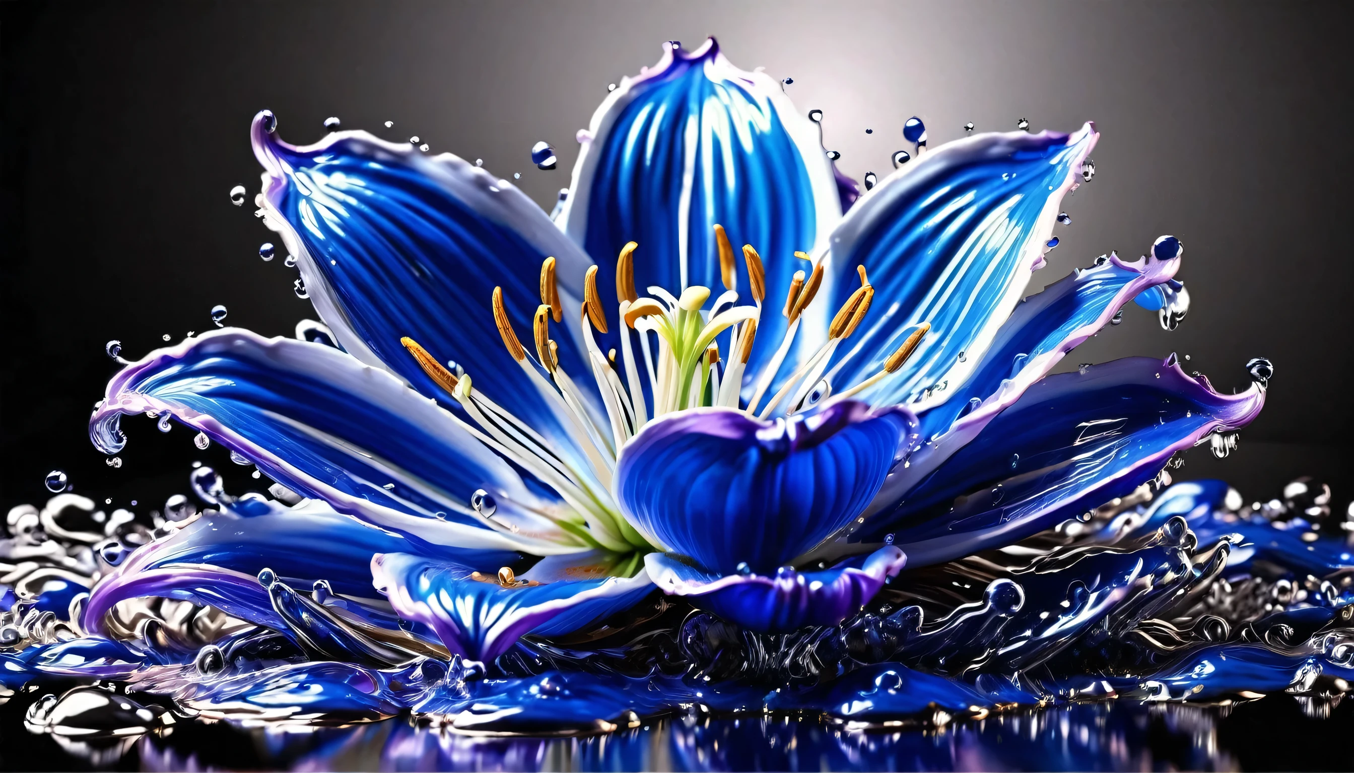 (liquid metal art: 1.5) LIQUID METAL a picture of a exquisite beautiful lily flower  (masterpiece, best detailed, best quality: 1.4), (blue: 1.5) petals,  there is (purple: 1.3) butterfly (masterpiece, best detailed, best quality: 1.4) flying near the lily  dynamic range, ultra wide shot, photorealism, depth of field, hyper realistic,dynamic range, ultra wide shot, photorealism, depth of field, hyper realistic,