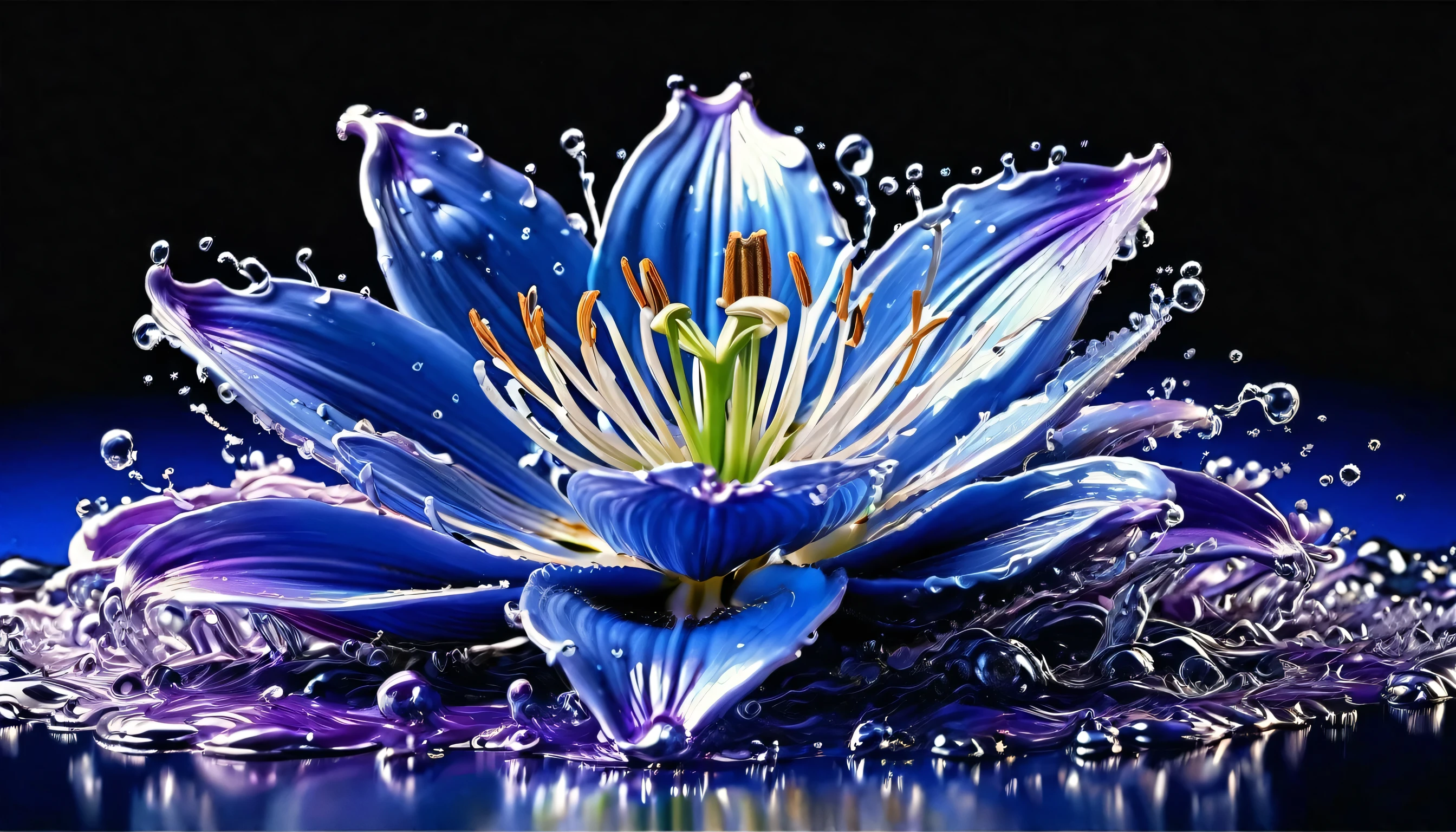 (liquid metal art: 1.5) LIQUID METAL a picture of a exquisite beautiful lily flower  (masterpiece, best detailed, best quality: 1.4), (blue: 1.5) petals,  there is (purple: 1.3) butterfly (masterpiece, best detailed, best quality: 1.4) flying near the lily  dynamic range, ultra wide shot, photorealism, depth of field, hyper realistic,dynamic range, ultra wide shot, photorealism, depth of field, hyper realistic,