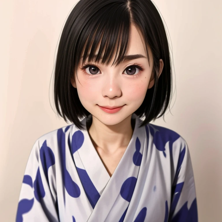 (kawaii 24 year-old Japanese girl, Nogizaka idol, Korean idol), glossy brown hair, (very short hair:1.2), beautiful black eyes, rounded face, narrow shoulders, single eyelid, (no makeup:1.2), (shy, smile, noseblush:1.3), (yukata, Japanese traditional clothes), extra small breasts, BREAK, (simple white background:1.2), (view from forward, bust shot, id photo:1.2), BREAK, (masterpiece, best quality, photo realistic, official art:1.4), (UHD, 8K quality wallpaper, high resolution, raw photo, golden ratio:1.3), (shiny skin), professional lighting, physically based rendering, award winning, (highly detailed skin texture, extremely detailed face and eyes textures), Carl Zeiss 85 mm F/1.4, depth of field, (1girl, solo),