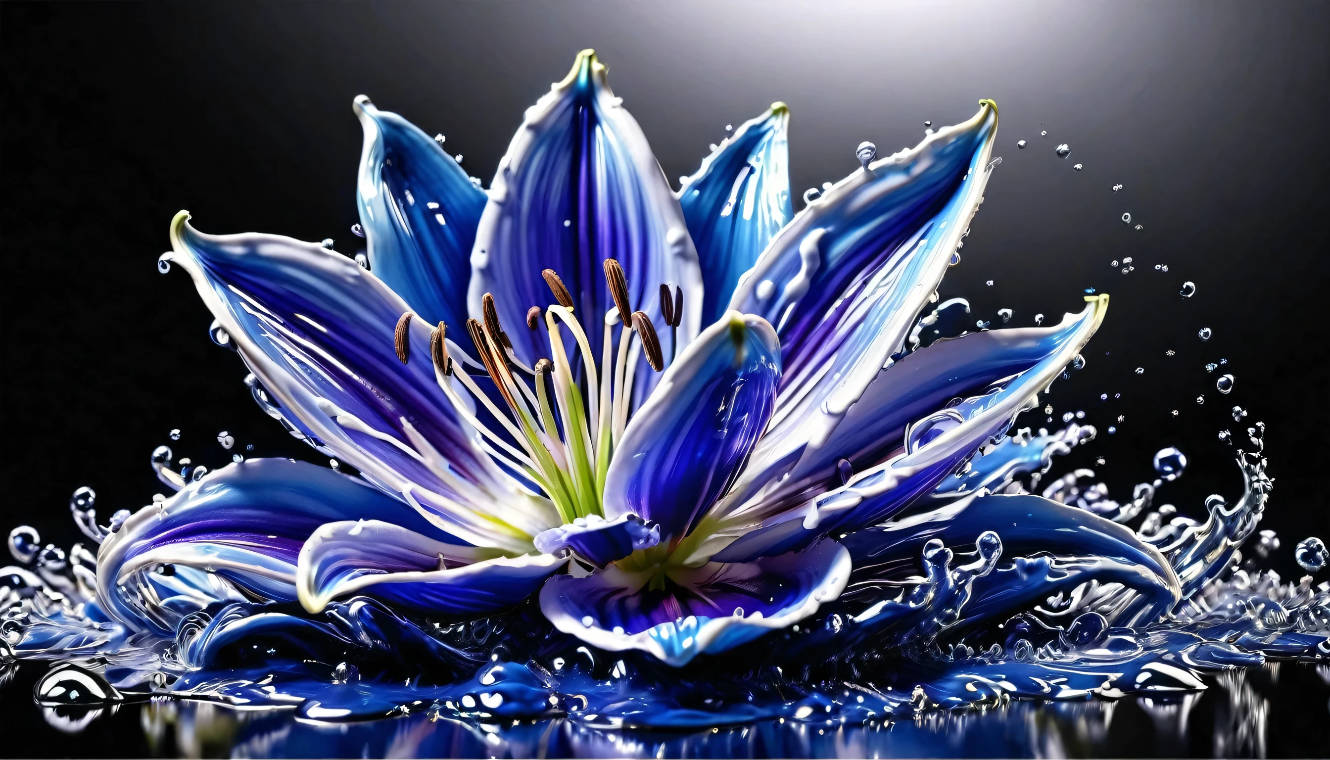 (liquid metal art: 1.5) LIQUID METAL a picture of a exquisite beautiful lily flower  (masterpiece, best detailed, best quality: 1.4), (blue: 1.5) petals,  there is (purple: 1.3) butterfly (masterpiece, best detailed, best quality: 1.4) flying near the lily  dynamic range, ultra wide shot, photorealism, depth of field, hyper realistic,dynamic range, ultra wide shot, photorealism, depth of field, hyper realistic,