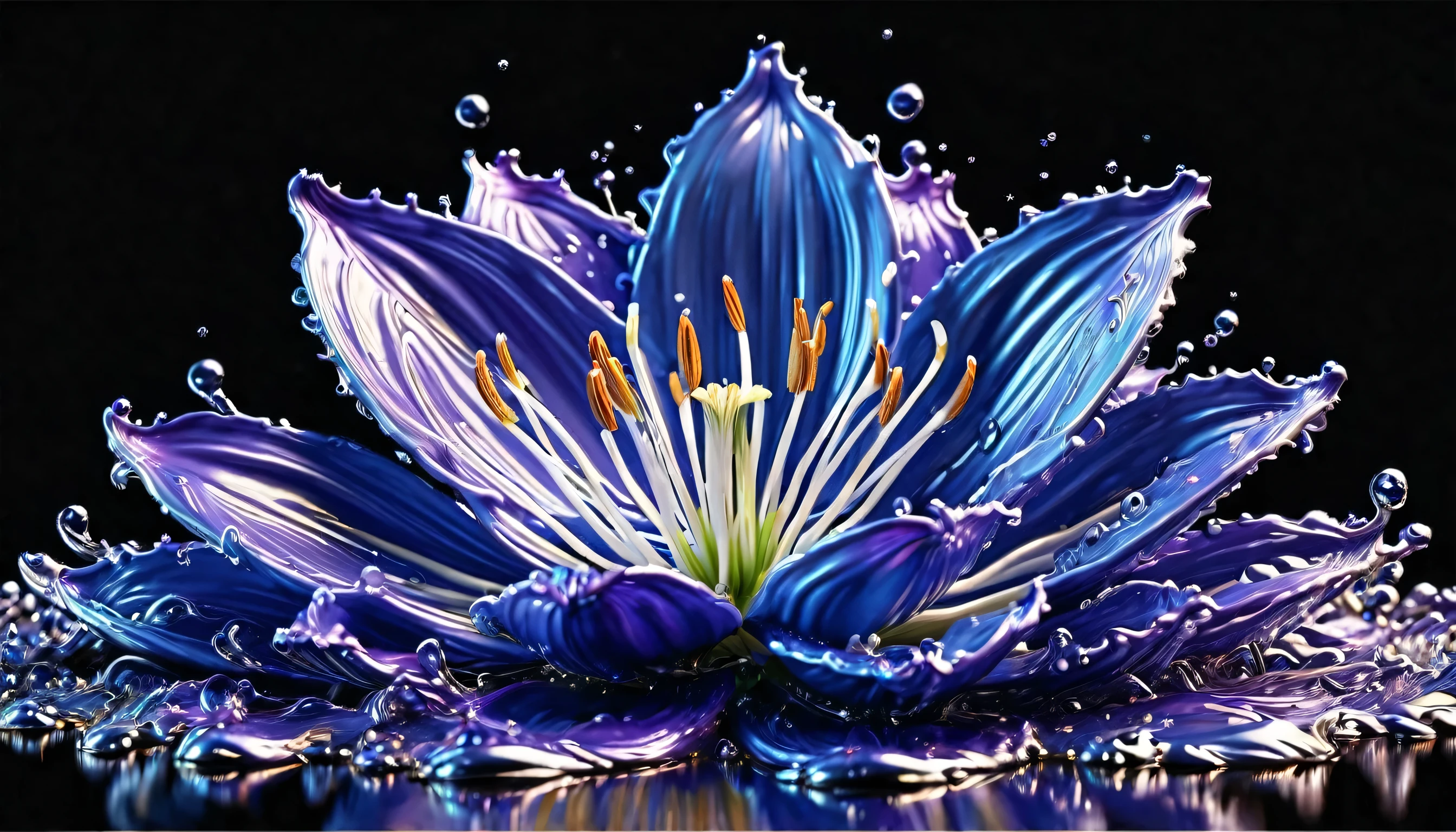 (liquid metal art: 1.5) LIQUID METAL a picture of a exquisite beautiful lily flower  (masterpiece, best detailed, best quality: 1.4), (blue: 1.5) petals,  there is (purple: 1.3) butterfly (masterpiece, best detailed, best quality: 1.4) flying near the lily  dynamic range, ultra wide shot, photorealism, depth of field, hyper realistic,dynamic range, ultra wide shot, photorealism, depth of field, hyper realistic,