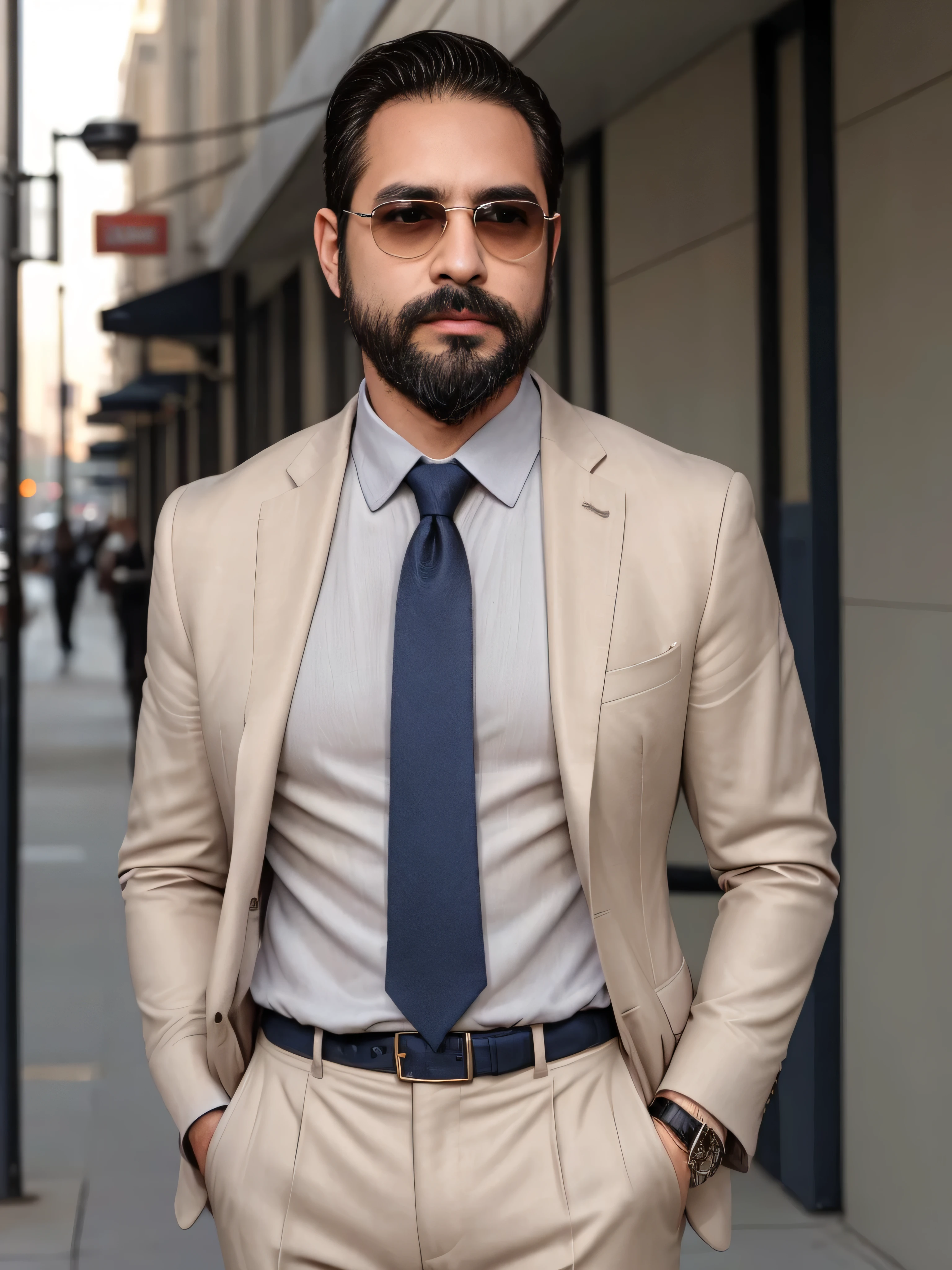 Create an image of a 38-year-old man with light brown skin and a well-groomed beard, wearing stylish sunglasses. He is dressed in very elegant clothing: a perfectly tailored navy blue suit jacket, a crisp white dress shirt, and a silk tie with a subtle pattern. He accessorizes with a matching pocket square and a sleek silver wristwatch. The image is a medium shot focusing on his upper body. The background should feature a sophisticated urban setting, like a high-end fashion district with modern architecture, designer boutiques, and soft ambient lighting, highlighting the luxurious and fashionable atmosphere
