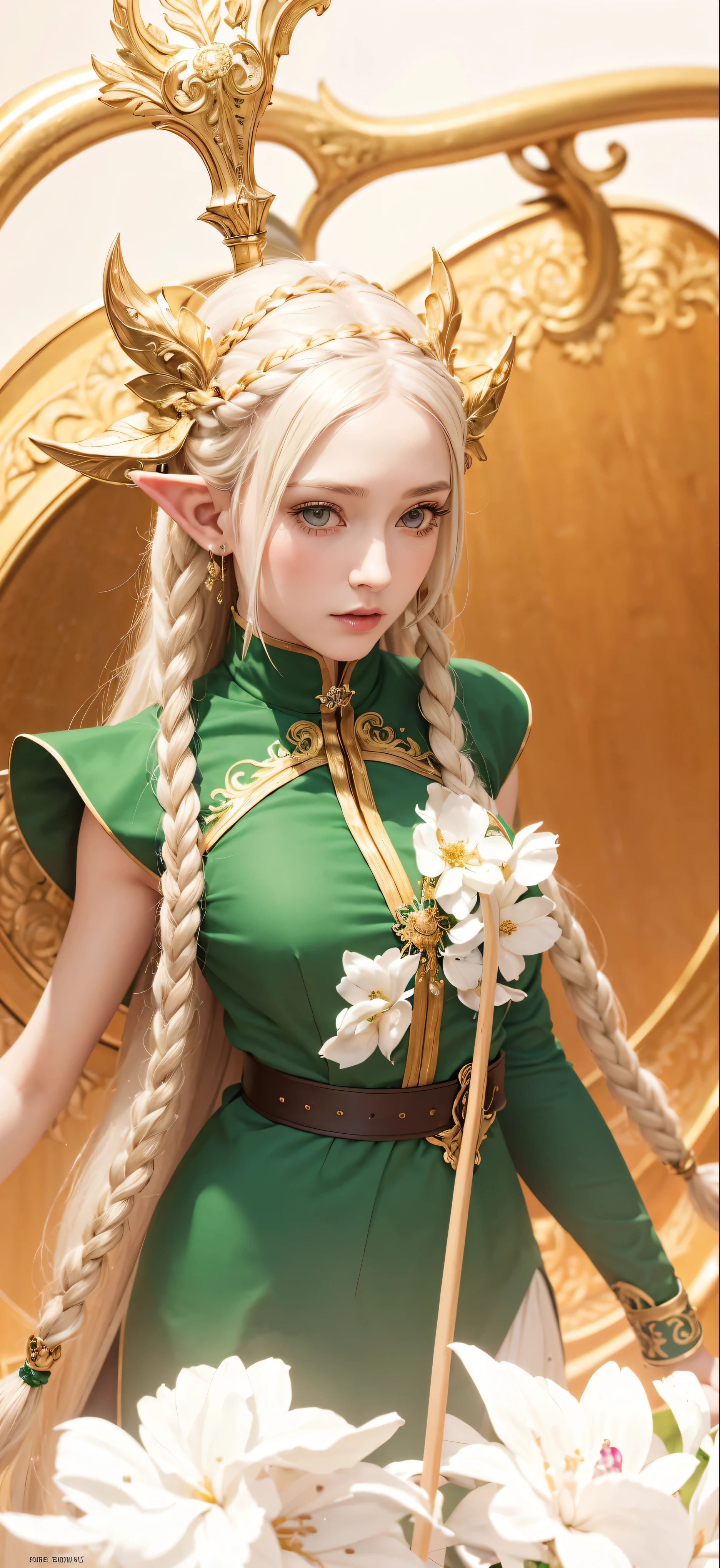 A beautiful elf girl with pale skin and long braided blonde hair, pointed ears and small dark horns, wearing an ornate green and white outfit with gold accents, holding a staff adorned with a large flower, against a warm orange background with partially obscured white text "BATTLE OVER", with a "Savvy Support" label and "S" icon at the bottom, with a calm and serene expression, (best quality,4k,8k,highres,masterpiece:1.2),ultra-detailed,(realistic,photorealistic,photo-realistic:1.37),extremely detailed eyes and face,longeyelashes,detailed ornate outfit,intricate staff,dynamic composition,award winning digital art