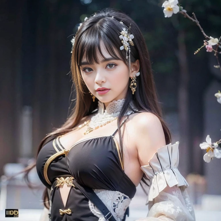 The most beautiful girl face in the world, black hairs, green eyes, gorgeous babe, 18 years old european, Ultra realistic , photo realistic nikon, 4k uhd, very actractive, nobel photography, masterpiece, very very large breasts, black dress, push up bra breasts, blue top, jacket, some little flowers on hairs, near shot, (((european girl face)))