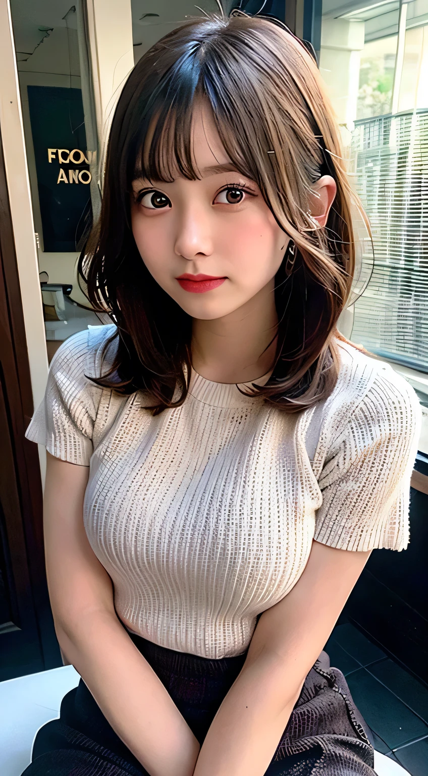 (8k, RAW Photos:1.2),Detailed face and eyes,最high quality, 超A high resolution, Very detailed ,Intricate details ,Tabletop ,pretty girl , Soft cinematic light, Hyper Detail,Sharp focus, high quality,Brown hair, Bobcut,  outside, knit, mini skirt, panties, Peeking from below