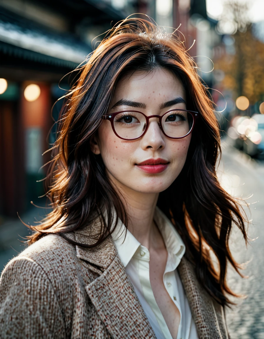 cinematic photo (art by Mathias Goeritz:1.2) , photograph, A beautiful asian girl, Anne Hathaway look like, naked breasts, nice nipples, 27yo, nude, nerd accountant, eyeglasses, wind tousling hair, Rich dark red long straight hair, Winter, tilt shift, Romance, specular lighting, film grain, Leica m6, F/1.8, (cinematic still:1.2), freckles . 35mm photograph, film, bokeh, professional, 4k, highly detailed