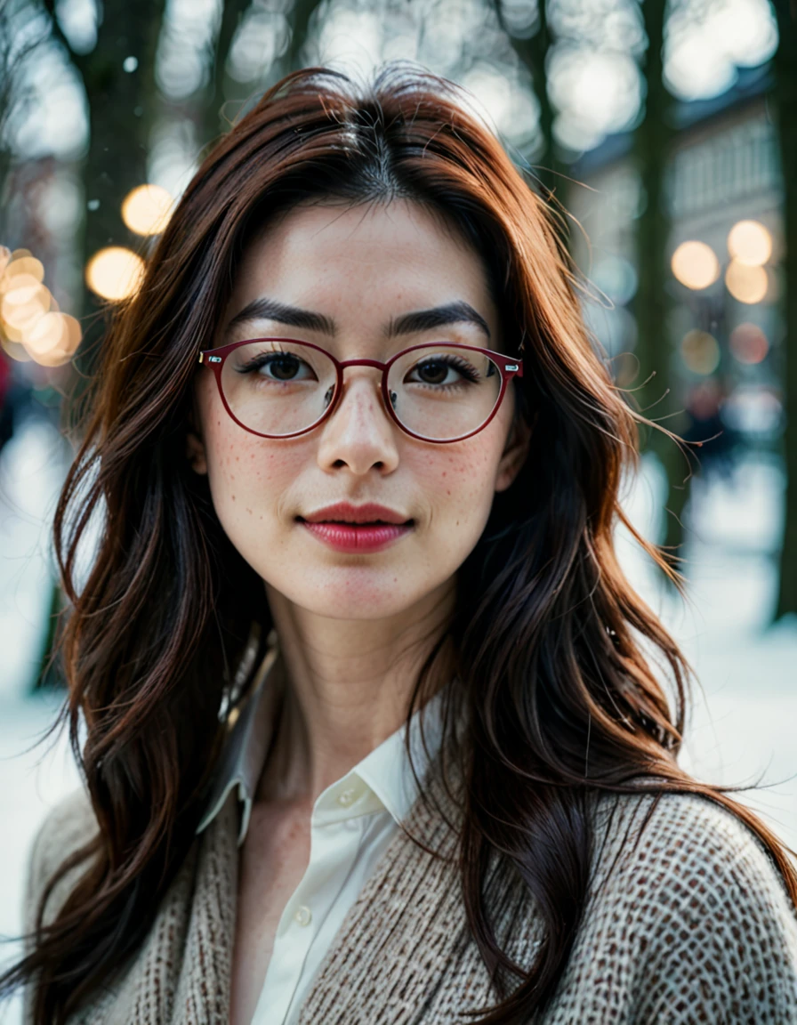 cinematic photo (art by Mathias Goeritz:1.2) , photograph, A beautiful asian girl, Anne Hathaway look like, naked breasts, nice nipples, 27yo, nude, nerd accountant, eyeglasses, wind tousling hair, Rich dark red long straight hair, Winter, tilt shift, Romance, specular lighting, film grain, Leica m6, F/1.8, (cinematic still:1.2), freckles . 35mm photograph, film, bokeh, professional, 4k, highly detailed