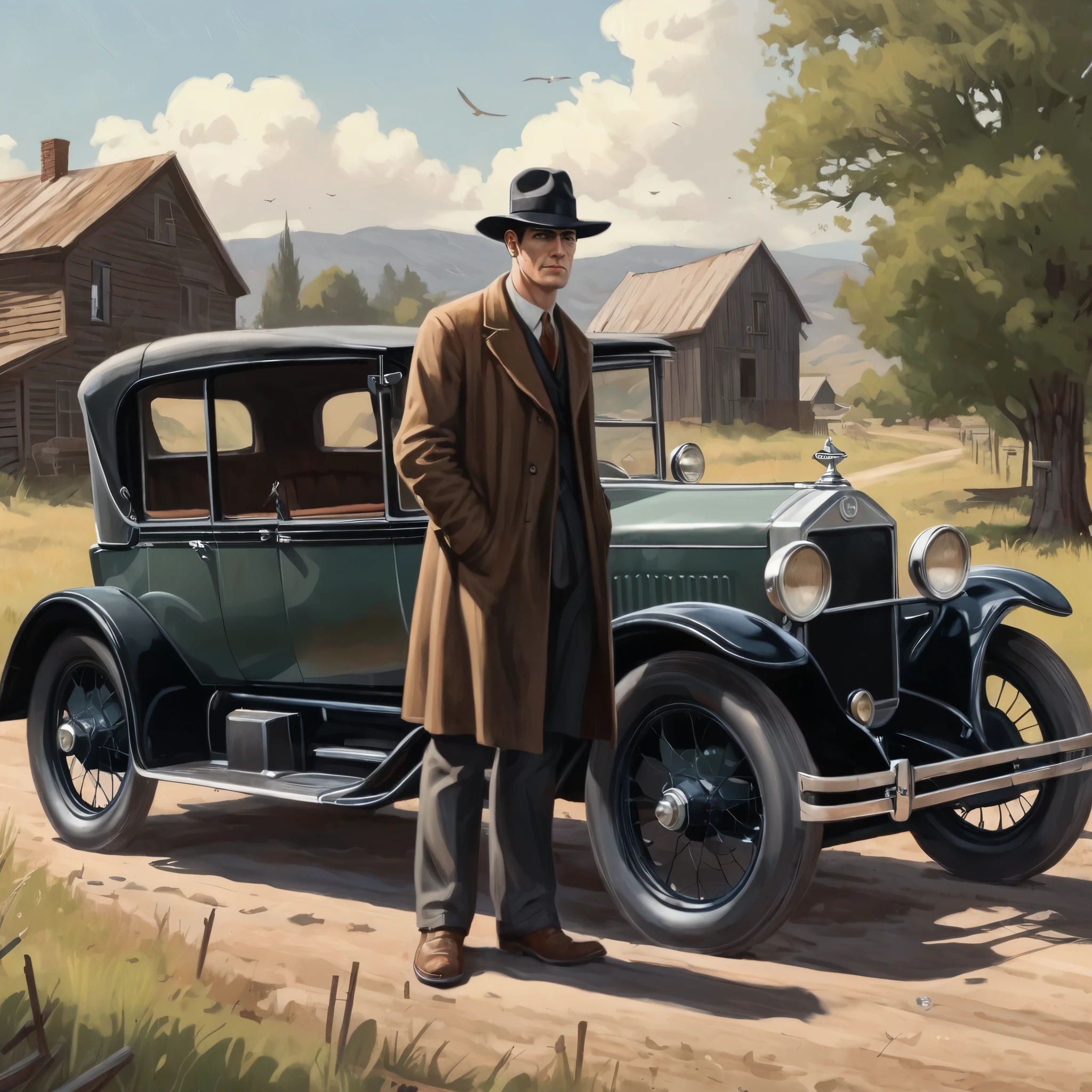 a painting of a man and woman standing next to an old 1920s' car, as illustrated in top cow comics, in the old west, featured on dribbble, kino's journey (2003), mystery and detective themed, valve promotional splash art, the 'american gothic' painting, ( ( large black hat ) ), twisted rays, scythe design, anato finnstark and kelogsloops