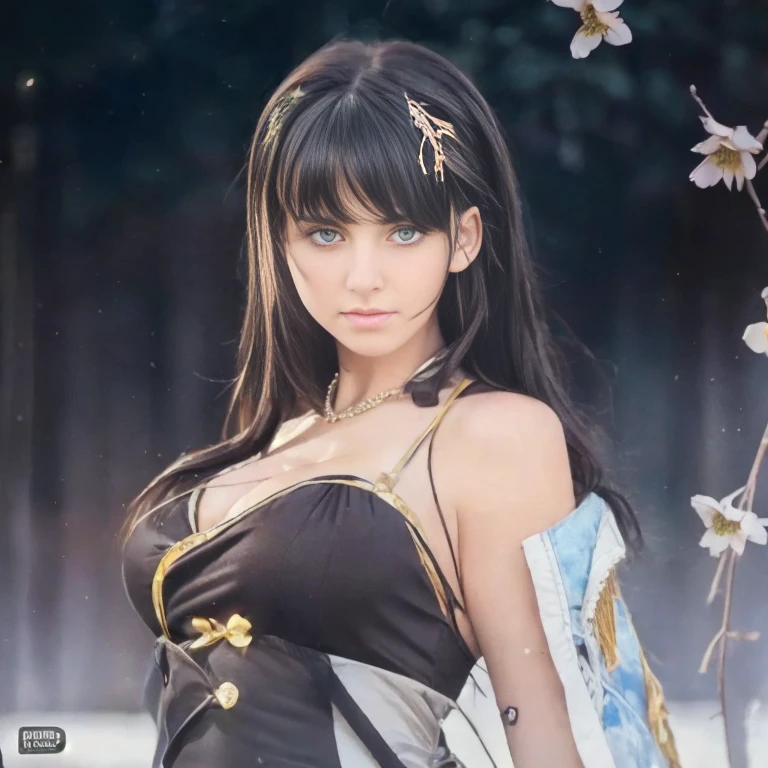 The most beautiful girl face in the world, black hairs, green eyes, gorgeous babe, 18 years old european, Ultra realistic , photo realistic nikon, 4k uhd, very actractive, nobel photography, masterpiece, very very large breasts, black dress, push up bra breasts, blue top, jacket, some little flowers on hairs, near shot, (((european girl face)))