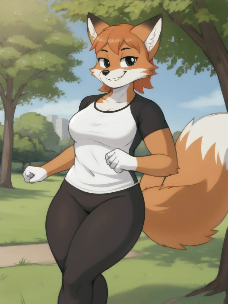 Furry, fox, smile, black leggings, white shirt, jogging, solo, park