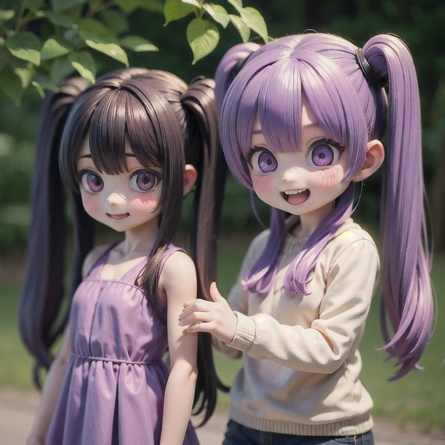 arafed 2 girls with purple hair and a white shirt, long braided purple hair, violet long hair, elegant fantasy style braids, pigtails hairstyle, long light purple hair, long purple hair, purple long hair, long violet hair, purple flowing hair, lavender hair, purple hair, violet hair, lilac hair, flowing purple hair, kawaii hairstyle, purple color,(((2 girls))), solo,araffe 2 girls with long hair and a black top smiling, her face flushing and sweat, she is smiling and excited, staring sofía vergara screaming, she expressing joy, looks a blend of grimes, she is laughing, hito steyerl, so happy that her face hurts, looks like a mix of grimes, she is smiling and happy