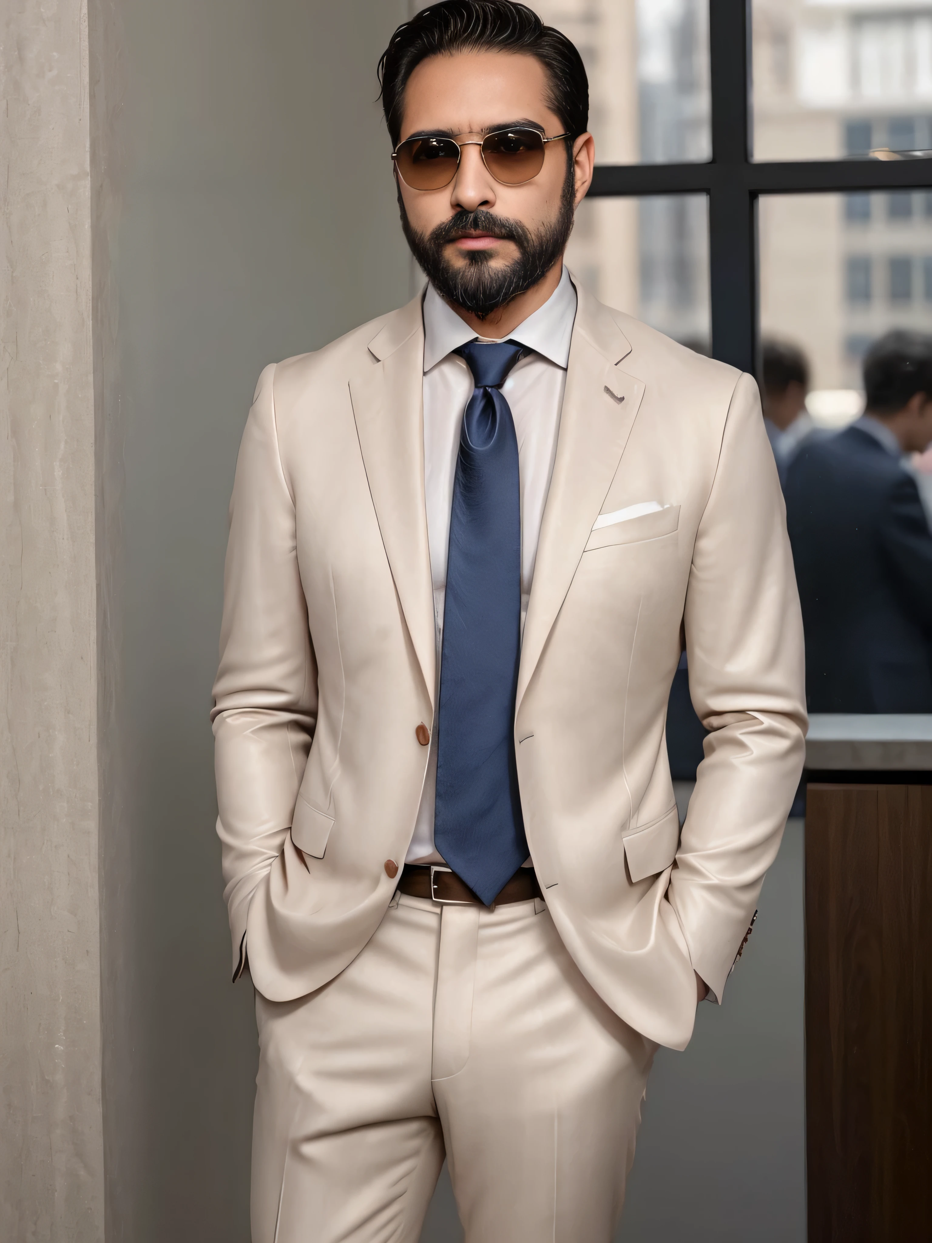 Create a stylish and elegant image of a 38-year-old man with light brown skin, a well-groomed beard, and wearing fashionable sunglasses. He is dressed in very elegant clothing: a perfectly tailored navy blue suit jacket, a crisp white dress shirt, and a silk tie with a subtle pattern. He accessorizes with a matching pocket square and a sleek silver wristwatch. The focus is on his upper body in a medium shot. The background should feature a sophisticated urban setting, such as a high-end café with large windows, modern architecture, and warm ambient lighting, emphasizing a luxurious and fashionable atmosphere.