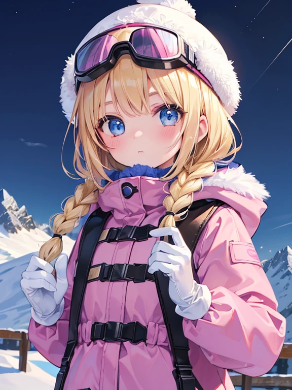 (8k, highest quality, Tabletop:1.2)、Ultra-high resolution, Detailed face, One -yeld gi Blue eyes, Blonde, Braid, Woolen hat, Put on goggles, Pink Coat, White gloves, Ski wear, Snow Mountain, it's snowing, Snow around, Ski boots, Skis, Skiing