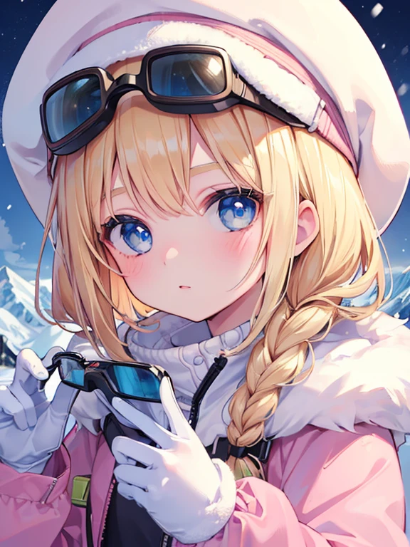 (8k, highest quality, Tabletop:1.2)、Ultra-high resolution, Detailed face, One , Blue eyes, Blonde, Braid, Woolen hat, Put on goggles, Pink Coat, White gloves, Ski wear, Snow Mountain, it's snowing, Snow around, Ski boots, Skis, Skiing