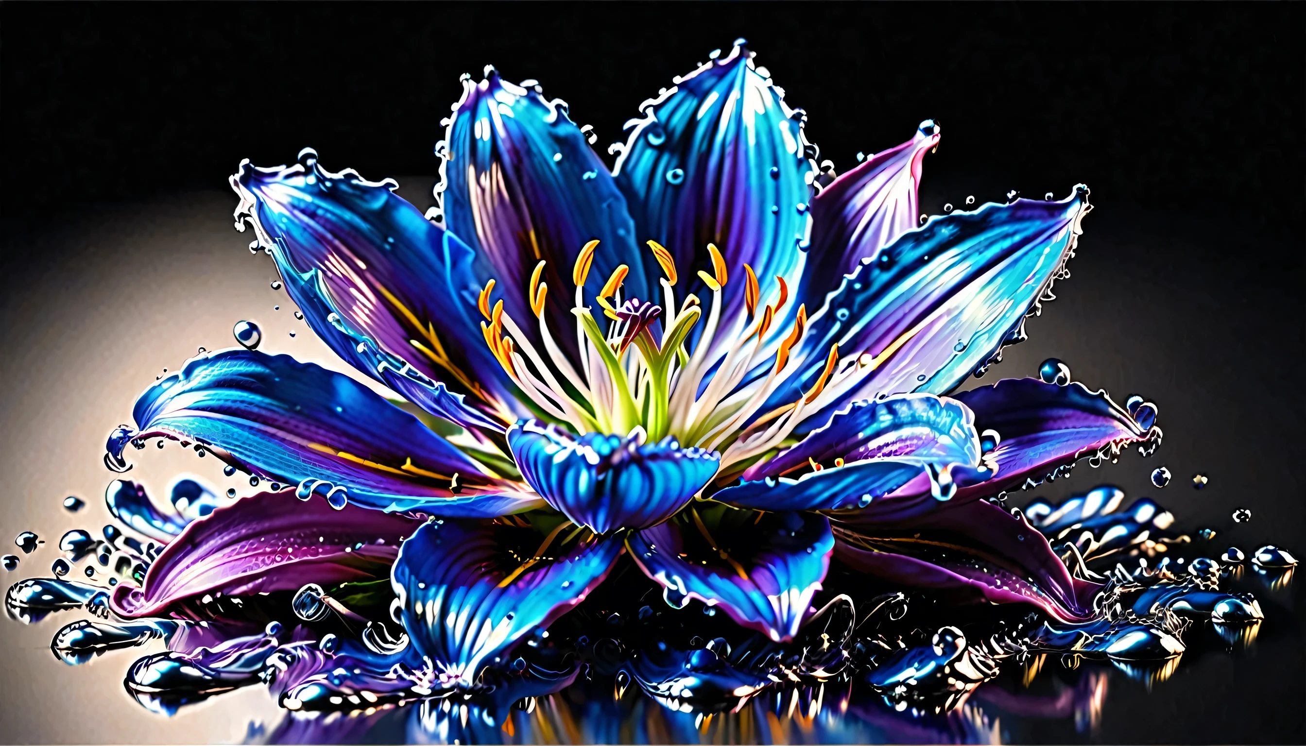 (liquid metal art: 1.5) LIQUID METAL a picture of a exquisite beautiful lily flower made from liquid metal  (masterpiece, best detailed, best quality: 1.4), (blue: 1.5) petals,  there is (purple: 1.3) vivid, living butterfly (masterpiece, best detailed, best quality: 1.4) flying near the lily  dynamic range, ultra wide shot, photorealism, depth of field, hyper realistic,dynamic range, ultra wide shot, photorealism, depth of field, hyper realistic,