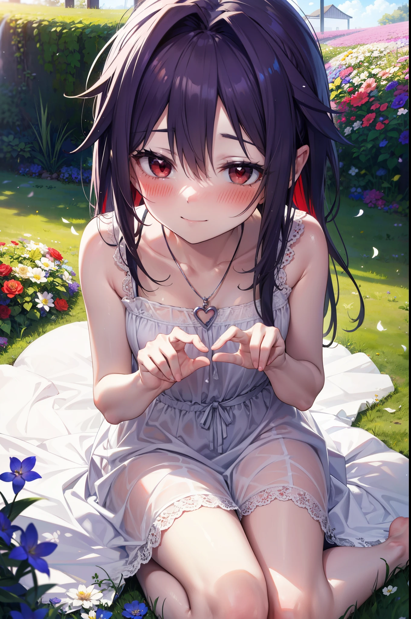 yuukikonno, Konno Yuuki, hair band, Long Hair, Pointed Ears, Purple Hair, (Red eyes:1.5), (Small breasts:1.2), Squint both eyes,blush,happy smile, smile, Close your mouth,White sleeveless dress,Bare arms,Heart Pendant,Long skirt,Barefoot flower crown,whole bodyがイラストに入るように,Sitting,Looking up from below,
break looking at viewer, whole body,
break outdoors, nature,Flower Field,
break (masterpiece:1.2), highest quality, High resolution, unity 8k wallpaper, (figure:0.8), (Beautiful fine details:1.6), Highly detailed face, Perfect lighting, Highly detailed CG, (Perfect hands, Perfect Anatomy),