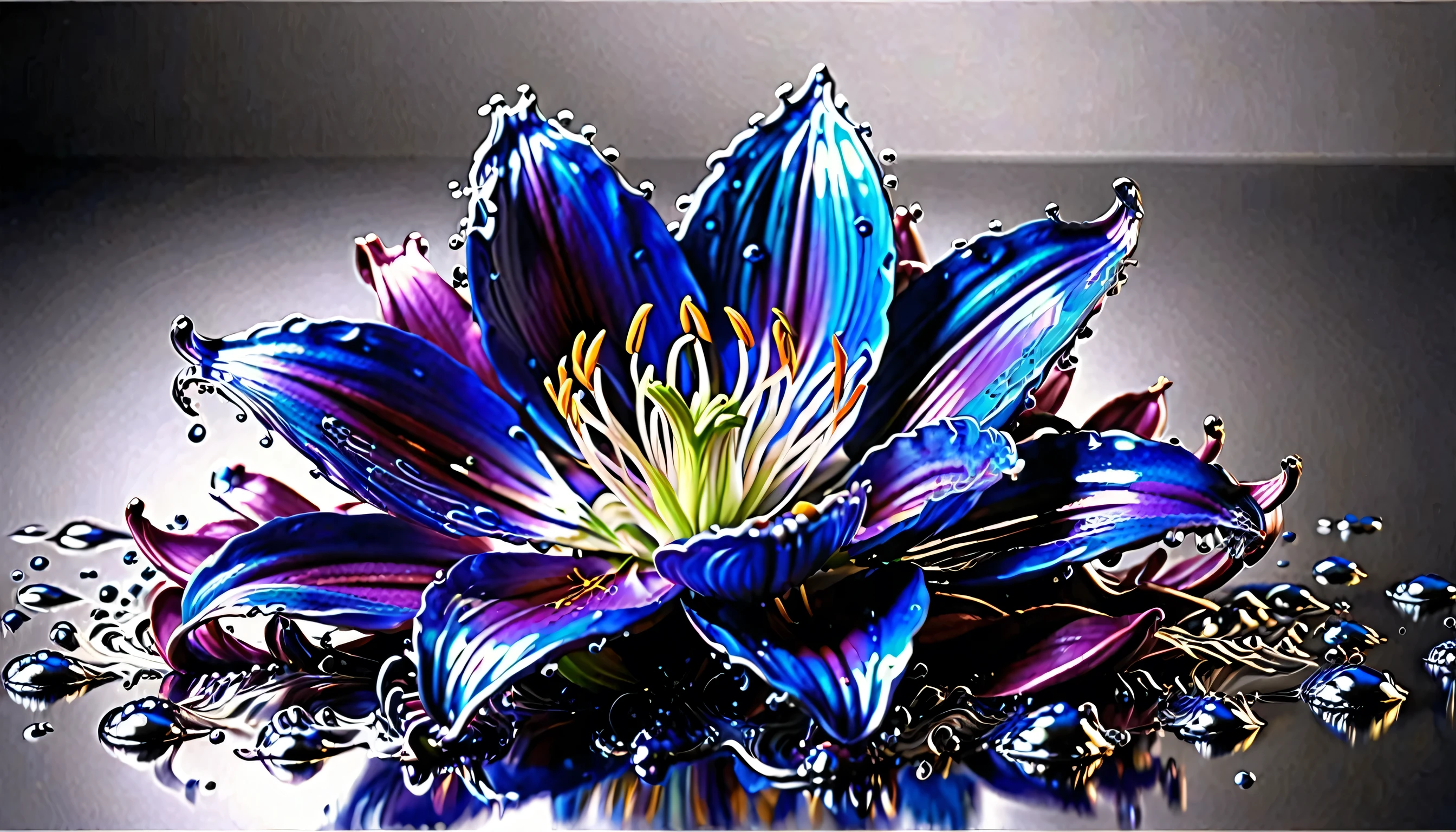 (liquid metal art: 1.5) LIQUID METAL a picture of a exquisite beautiful lily flower made from liquid metal  (masterpiece, best detailed, best quality: 1.4), (blue: 1.5) petals,  there is (purple: 1.3) vivid, living butterfly (masterpiece, best detailed, best quality: 1.4) flying near the lily  dynamic range, ultra wide shot, photorealism, depth of field, hyper realistic,dynamic range, ultra wide shot, photorealism, depth of field, hyper realistic,