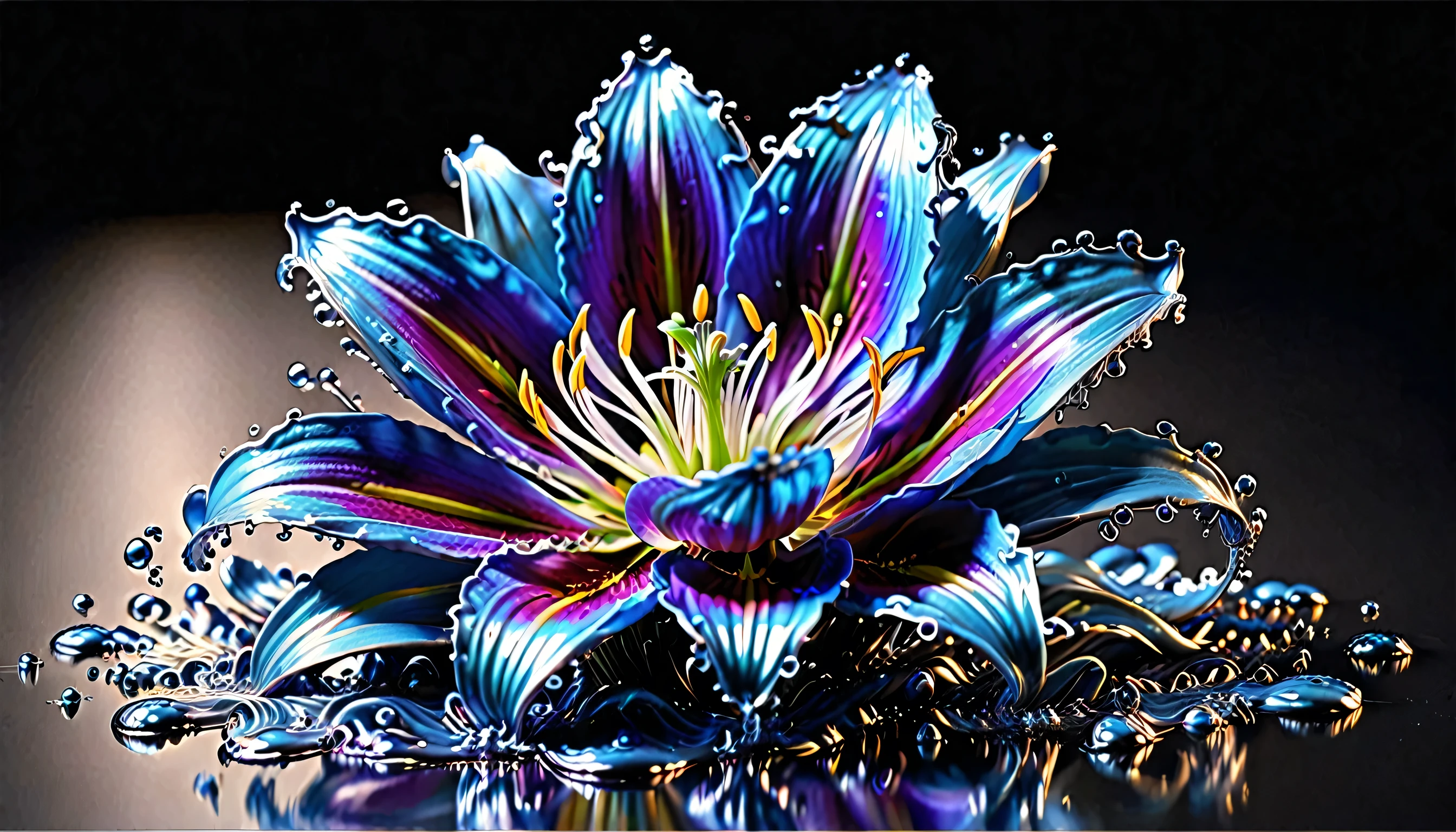 (liquid metal art: 1.5) LIQUID METAL a picture of a exquisite beautiful lily flower made from liquid metal  (masterpiece, best detailed, best quality: 1.4), (blue: 1.5) petals,  there is (purple: 1.3) vivid, living butterfly (masterpiece, best detailed, best quality: 1.4) flying near the lily  dynamic range, ultra wide shot, photorealism, depth of field, hyper realistic,dynamic range, ultra wide shot, photorealism, depth of field, hyper realistic,