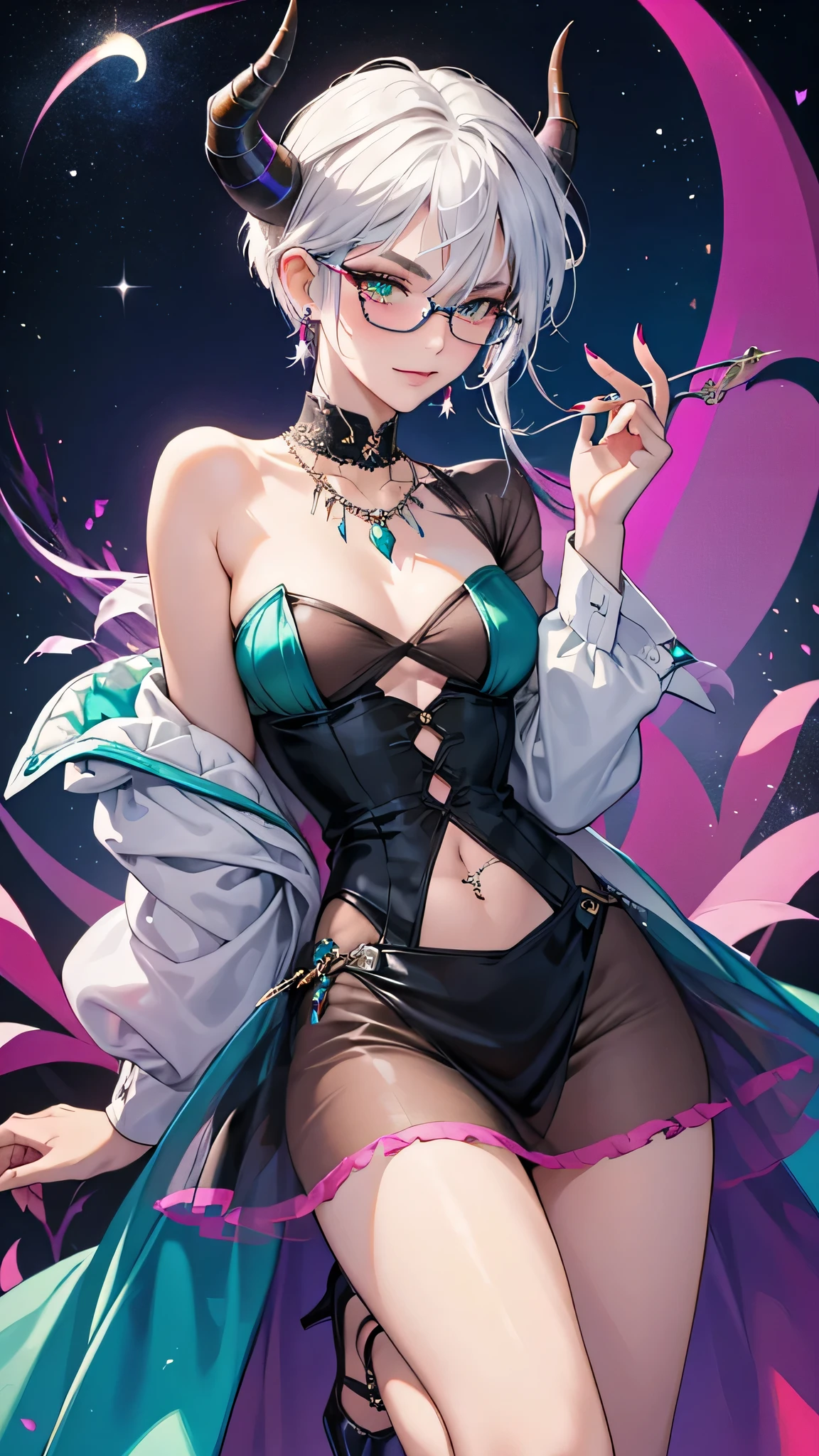 8k, masterpiece, best quality, highly detailed, 1 girl, tiefling, warlock, multicolored hair, very short straight hair green highlight hair on white hair, strippled hair, wearing glasses, round glasses, earrings, elegant dress, see-thru, red eyeshadow, long eyelashes, blushed cheek, necklace, navel piercing, collarbone, high heels, mole, glamorous, teal and violet clothing, villainy, smirk, seductive face, close up view, rings, looking at viewer, standing, demon horns, red nails, solo, starry night, plain, crescent moon, hand point toward viewer.