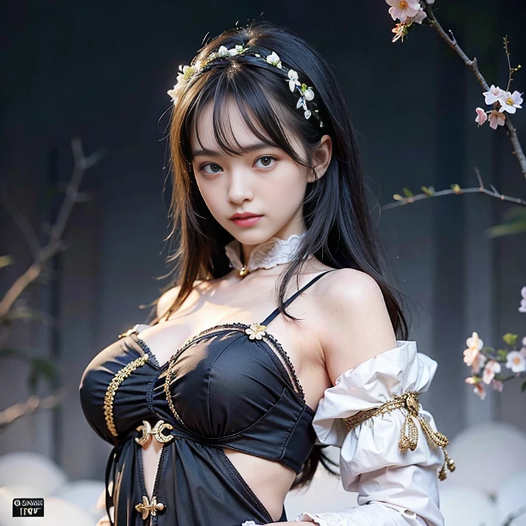 The most beautiful girl face in the world, black hairs, green eyes, gorgeous babe, 18 years old european, Ultra realistic , photo realistic nikon, 4k uhd, very actractive, nobel photography, masterpiece, very very large breasts, black dress, push up bra breasts, blue top, jacket, some little flowers on hairs,  near shot, (((european girl face)))