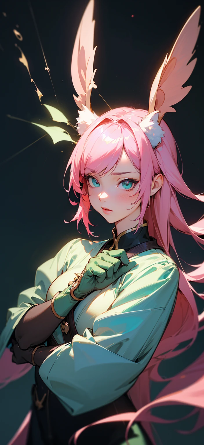 a cute anime girl with pink hair and bunny ears, holding a green glove, detailed portrait, knights of the zodiac girl, stylized anime art, painted in anime painter studio, digital anime illustration, artwork in the style of guweiz, character art closeup, loish art style, stylized painting, detailed digital anime art, (best quality,4k,8k,highres,masterpiece:1.2),ultra-detailed,(realistic,photorealistic,photo-realistic:1.37),vibrant colors,dynamic lighting,soft lighting,warm colors,cinematic lighting