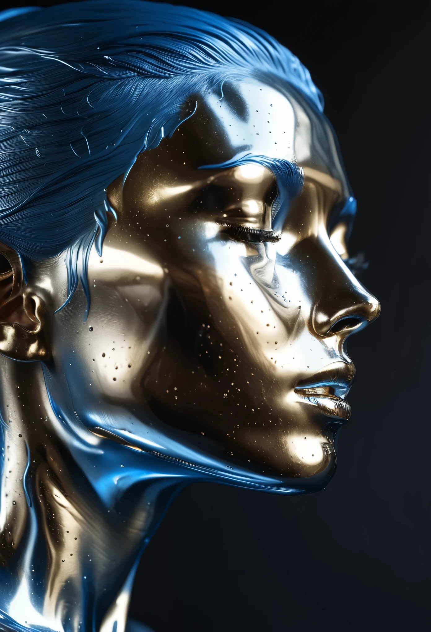 beautiful woman made of blue and silver Liquid Metal, side view，Photorealistic, Hyperrealistic, Hyperdetailed, analog style, detailed skin, matte skin, soft lighting, subsurface scattering, realistic, heavy shadow, masterpiece, best quality, ultra realistic, 8k, golden ratio, Intricate, High Detail, film photography, soft focus