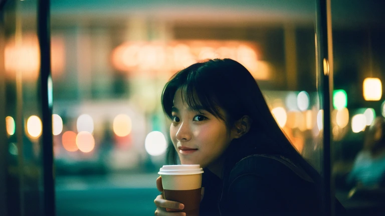beautiful korean girl, a realistic ultradetail,(real photo cinematic film still of in the 1990's) there a woman sitting by the window of a coffee shop and drinking coffee. night, many neon sign, (happy pose), the photographer walking down the street looked beautiful and took pictures of her outside the window, snap shot, street photography, blur ,(face that visible through the glass:1.3), dark, low light, low key, wide angle