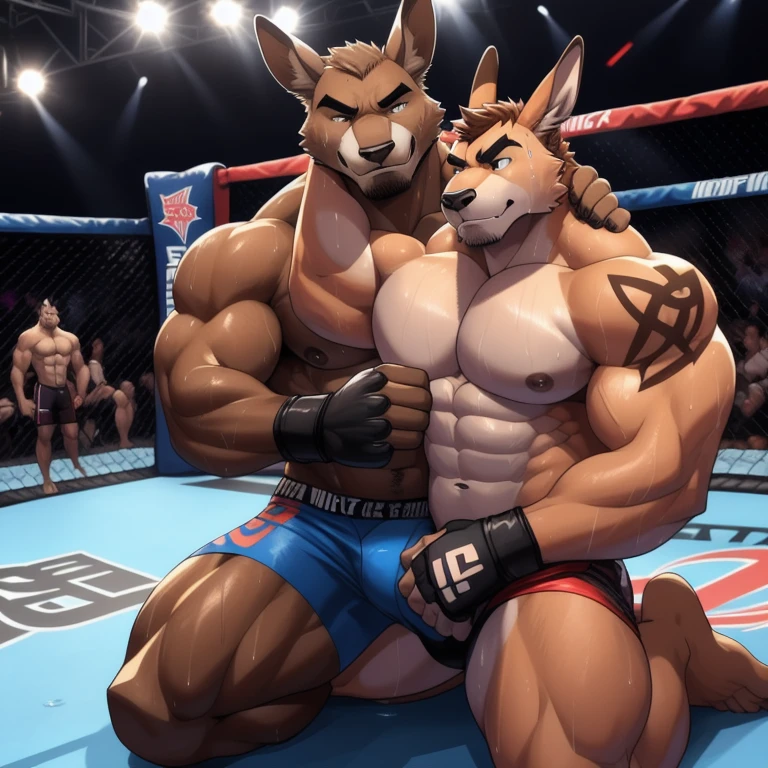 Duo male(Brown Kangaroo vs Brown Kangaroo, handsomes, perfect eyes, Thick eyebrows), gay(Cuddling kneeling, embraced from behind, in a UFC match), hot(Shirtless), handsomes(They are handsomes, correct anatomy), musculosos(Big muscle bodies, Six packs, muscle abs, big pecs, muscle backs), sweaty(very sweaty wet bodies, shiny sweat), tatuajes(they have tattoos), Angry(They have an tired expression), UFC gloves(They both are wearing black UFC gloves), boxers(They both are wearing black UFC boxers), Hight resolution