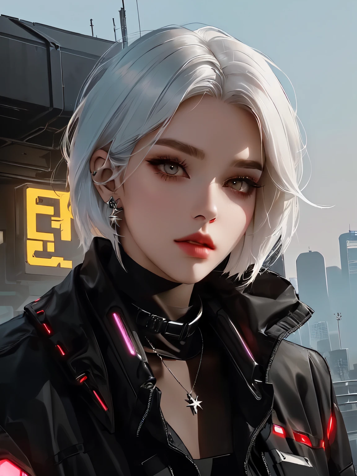there is a girl with a necklace on her neck,  wolf cut hair, white hair, hazel yellowish eye, black suit, cyberpunk style, wolf ear