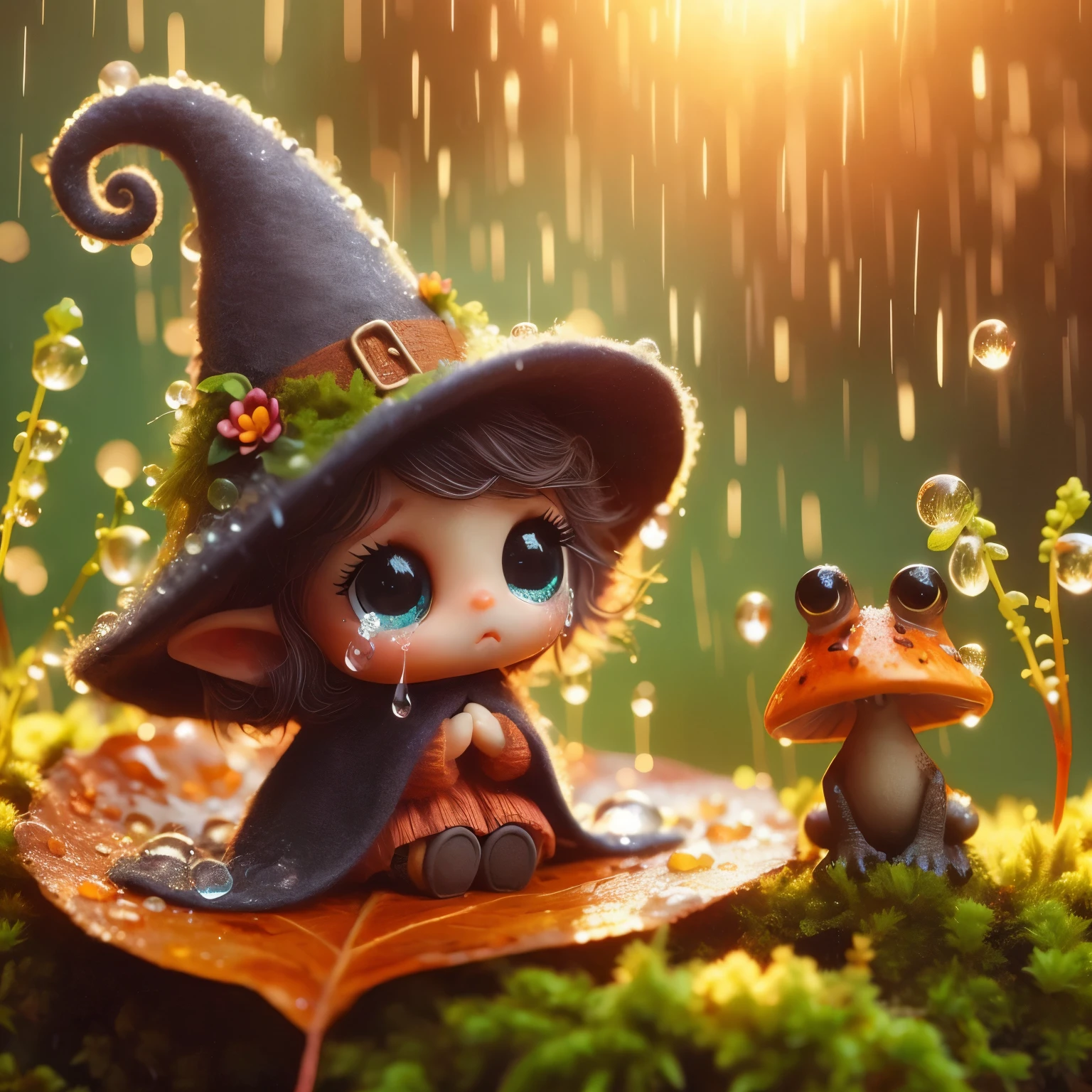 a diminutive gently crying little witch with pointed curly hat with tears as big as dew drops sitting in the rain on a leaf covered by moss, with her tiny black cat and her tiny toad rainy forest background, tiny flowers, sparkling with dew and rain drops, red orange and yellow colors through dappled sunlight