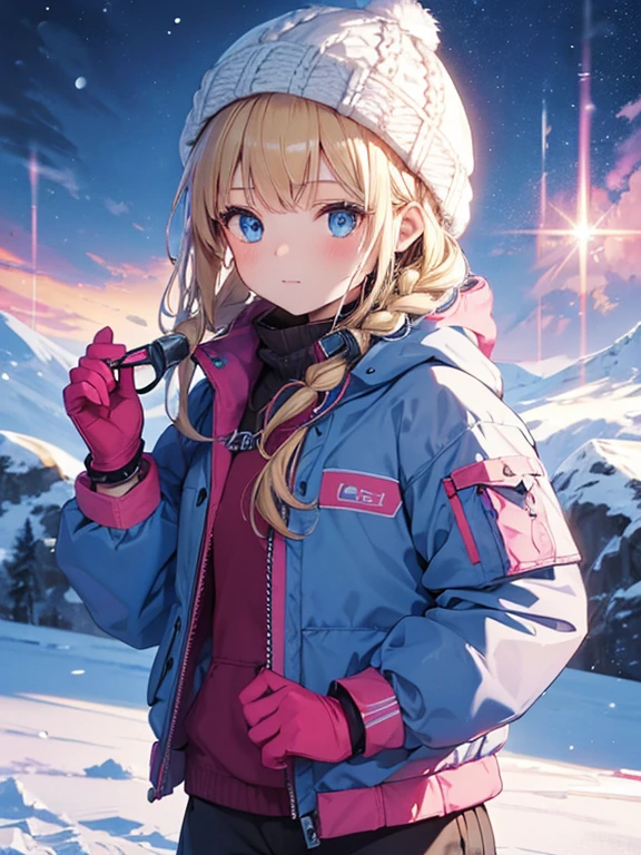 (8k, highest quality, Tabletop:1.2)、Ultra-high resolution, Detailed face, One 10-year-old girl, Blue eyes, Blonde, Braid, Woolen hat, Put on goggles, Pink Coat, White gloves, Ski wear, Snow Mountain, it's snowing, Snow around, Ski boots, Skis, Skiing